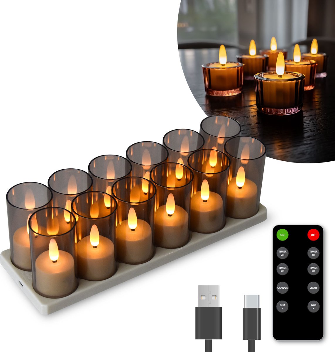 Lot de 12 Bougies chauffe-plat chauffe-plat rechargeables - Bougies LED avec flamme mobile - Télécommande incluse