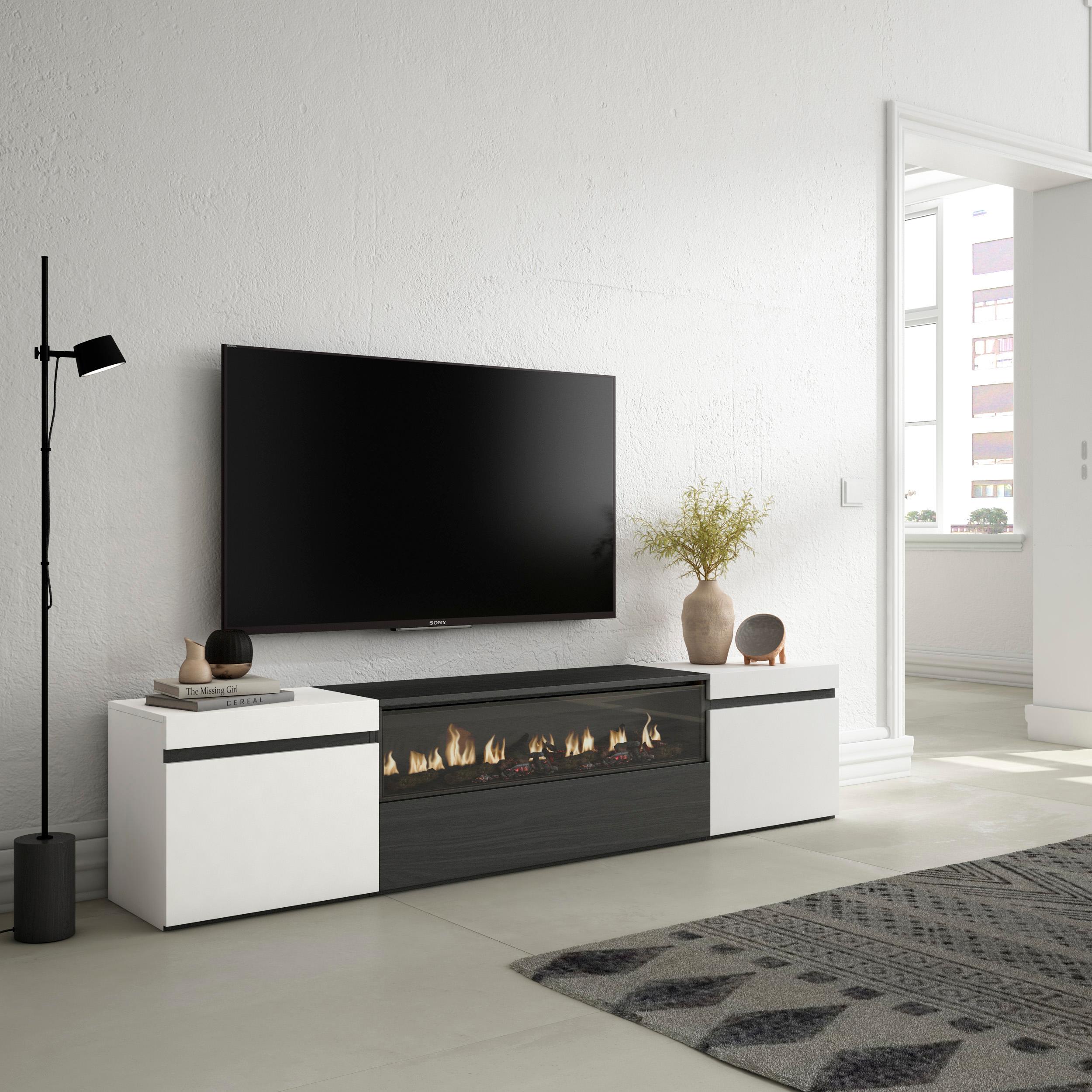 Meuble TV - 200x45x35cm - Cheminée électrique - Pour les TV jusqu'à 80"¨- Blanc et noir