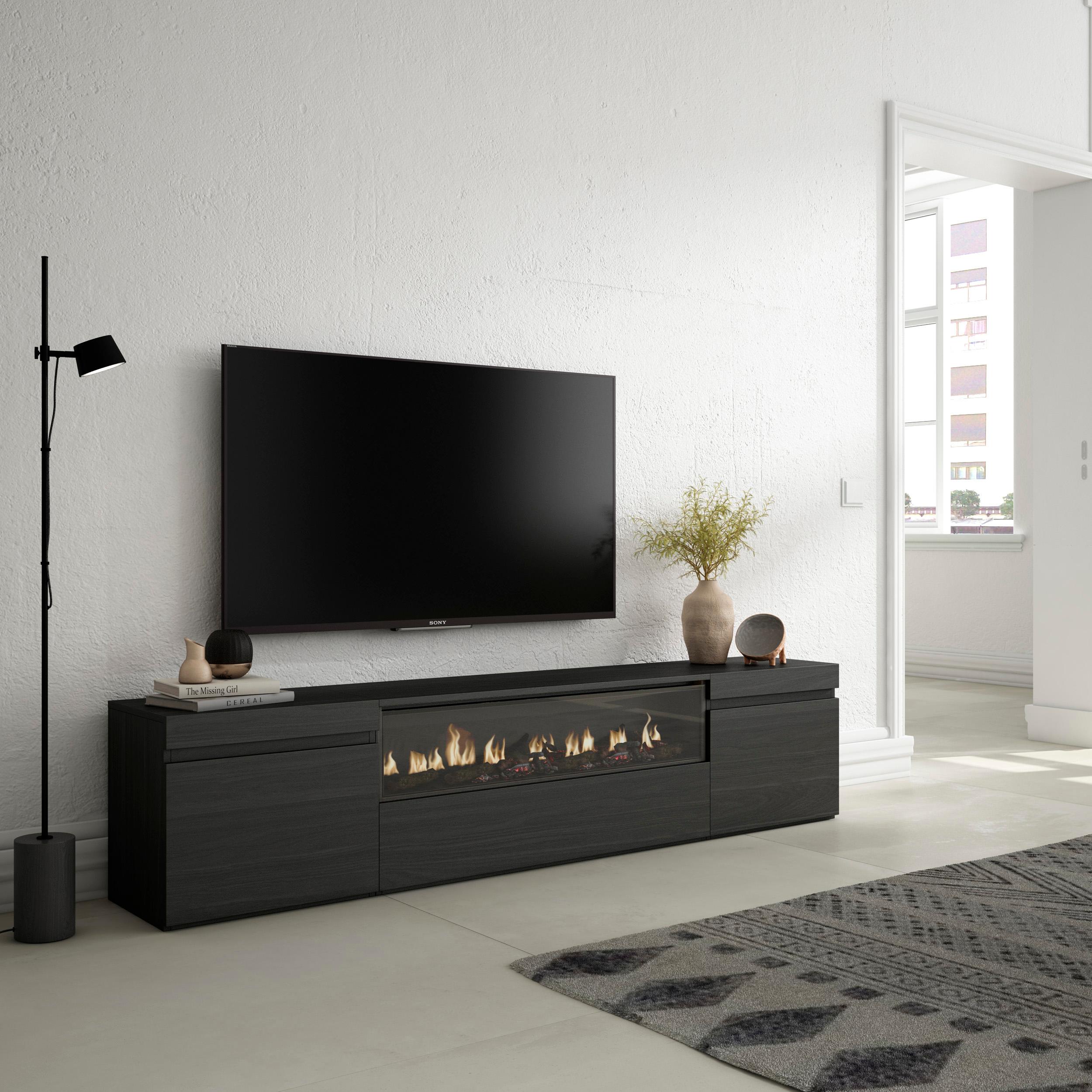 Meuble TV - 200x45x35cm - Cheminée électrique - Pour les TV jusqu'à 80" - Noir