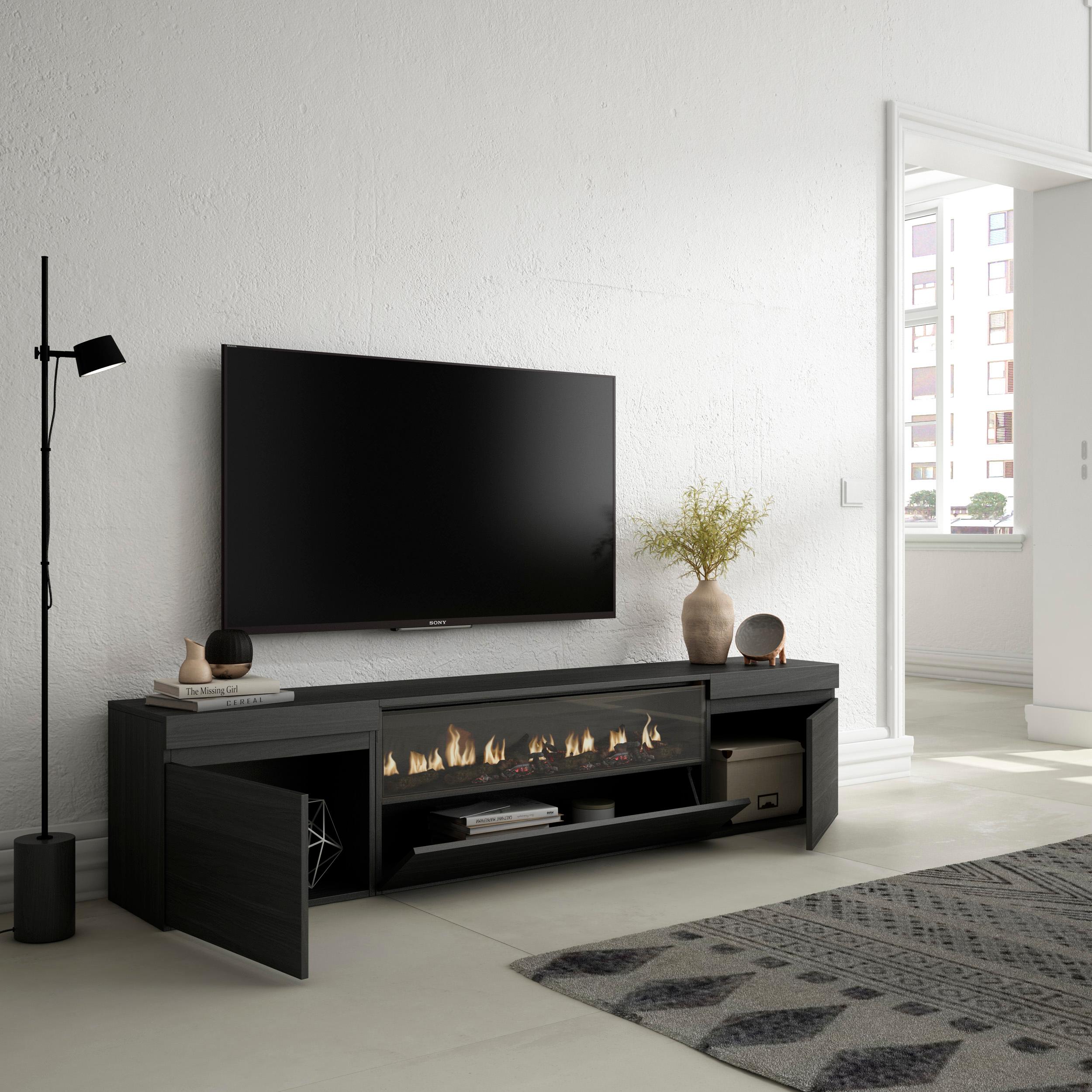 Meuble TV - 200x45x35cm - Cheminée électrique - Pour les TV jusqu'à 80" - Noir