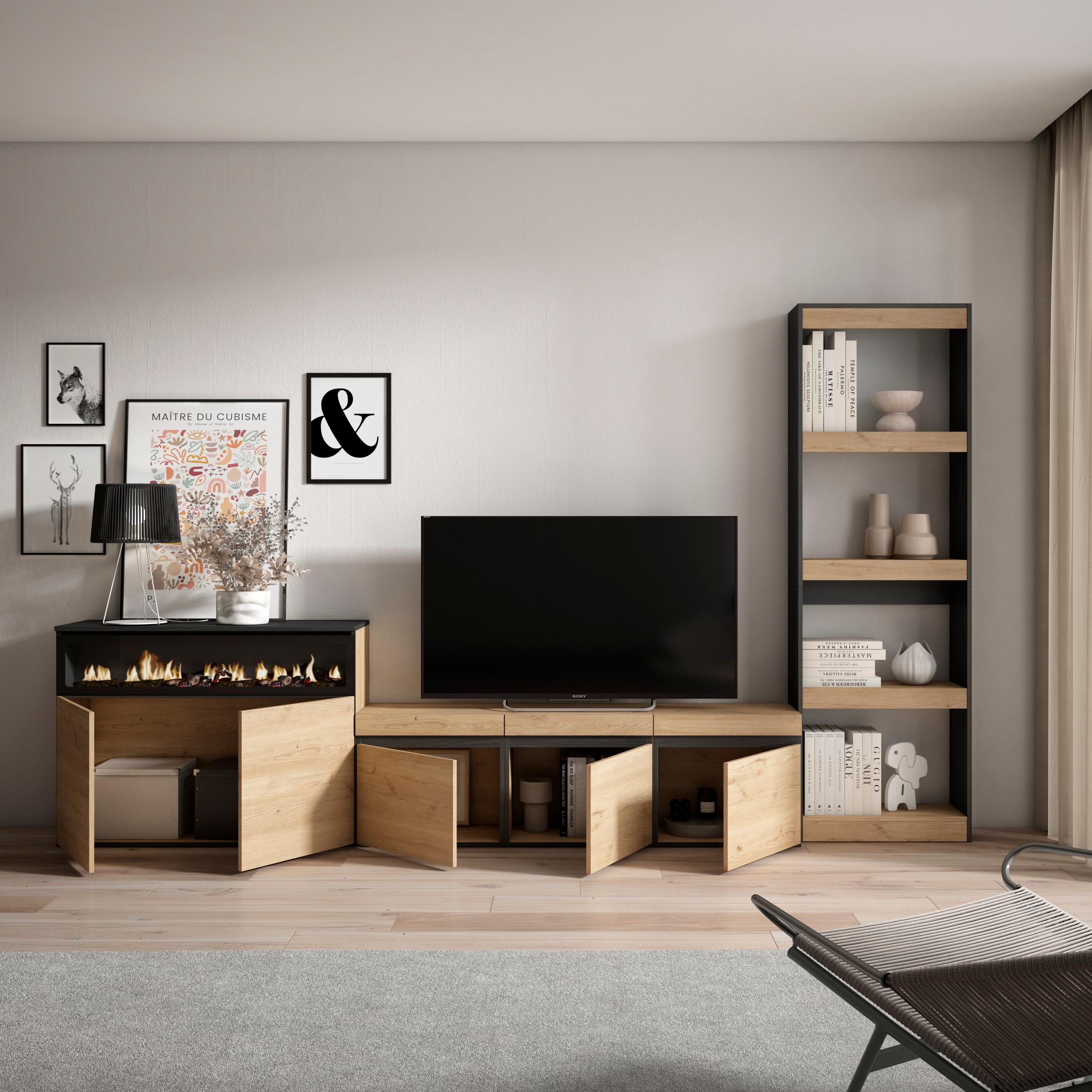 Ensemble Meuble TV - 310x186x35cm - Cheminée électrique - Pour les TV jusqu'à 65" - Chêne et noir