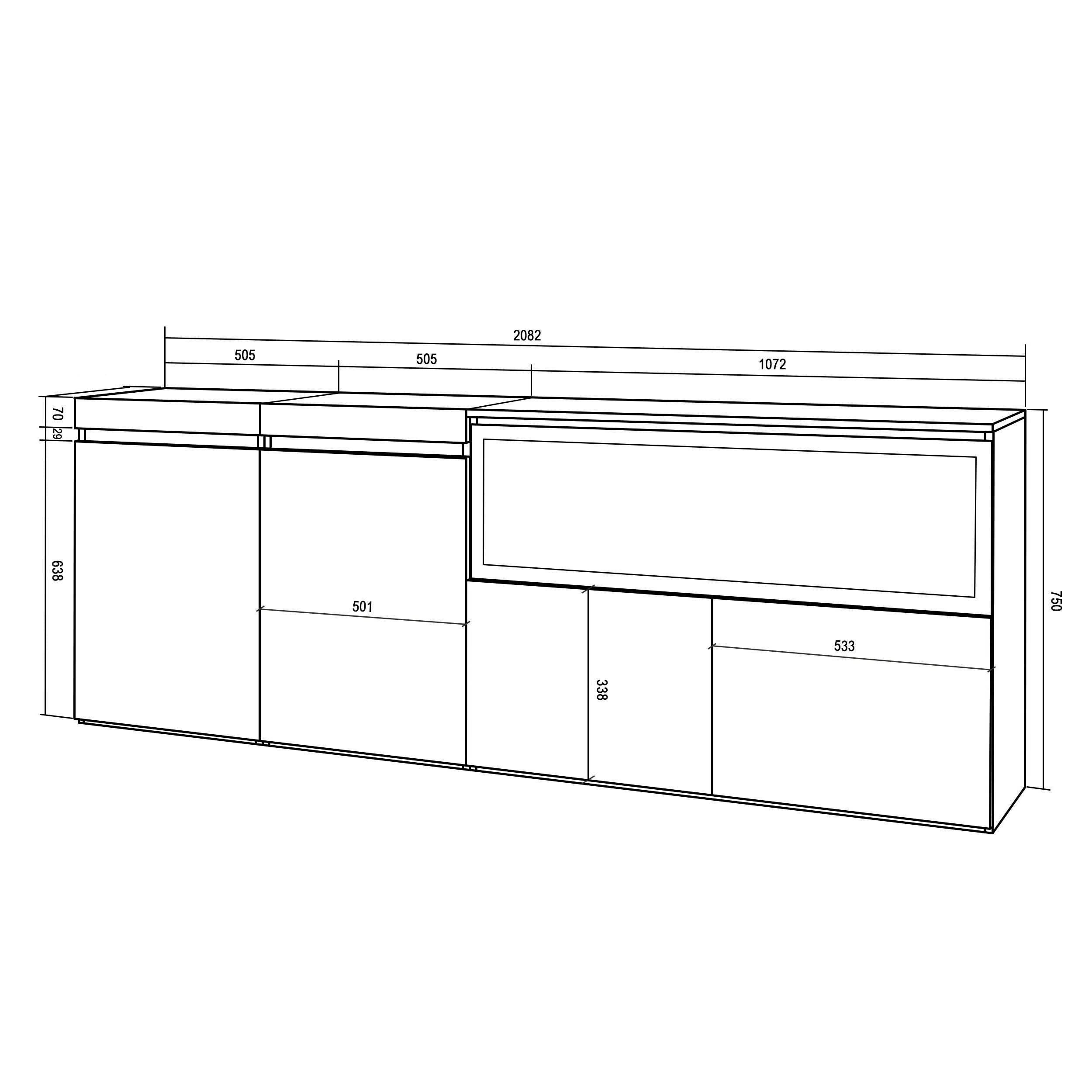 Meuble Buffet Moderne 4 Portes avec Cheminée LED XXL (côté droit) – 208x75x35 cm – Chêne & Noir
