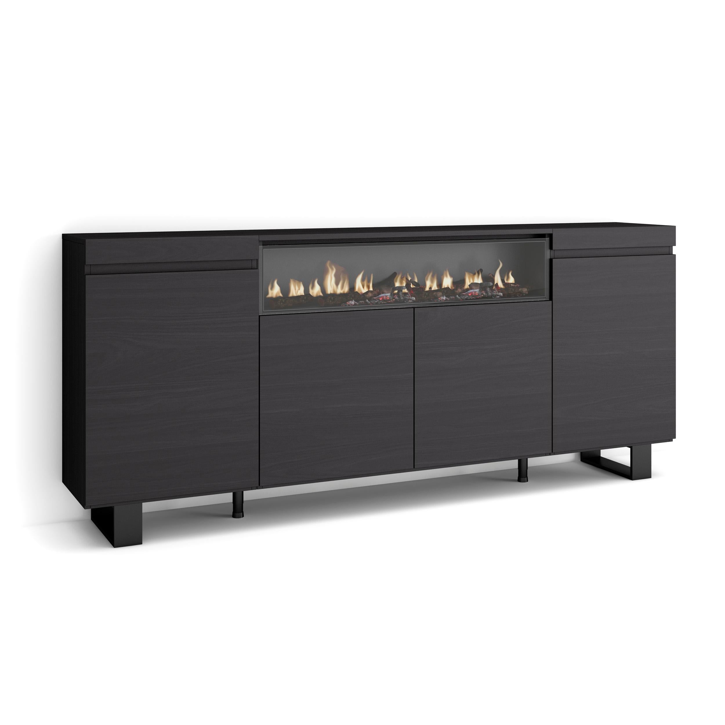Buffet salon et cuisine - Meuble de Rangement- Commode - Cheminée électrique - 200 x 87 x 35 cm - Design industriel noir