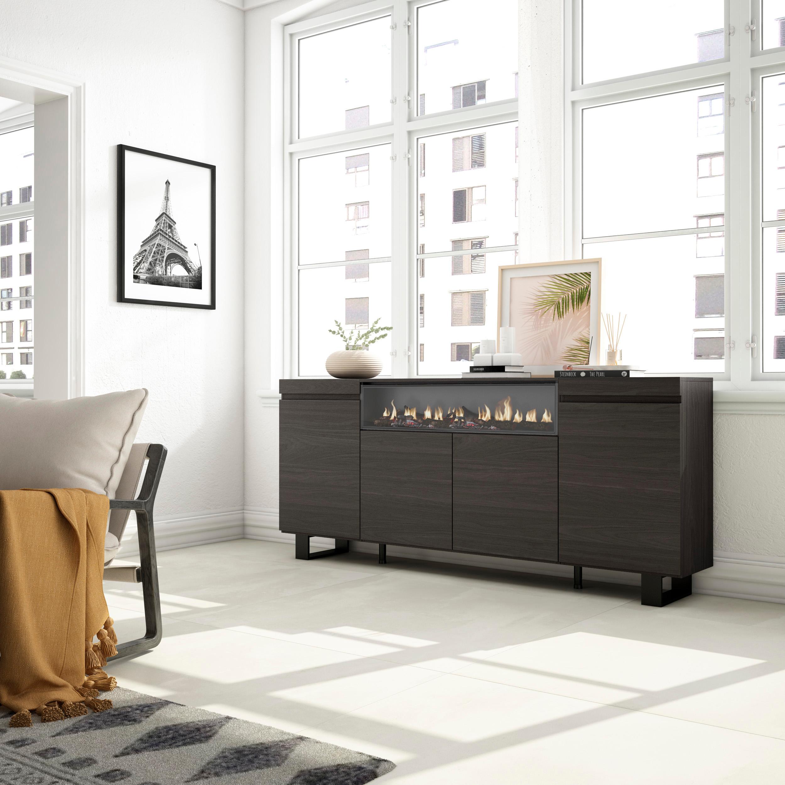 Buffet salon et cuisine - Meuble de Rangement- Commode - Cheminée électrique - 200 x 87 x 35 cm - Design industriel noir