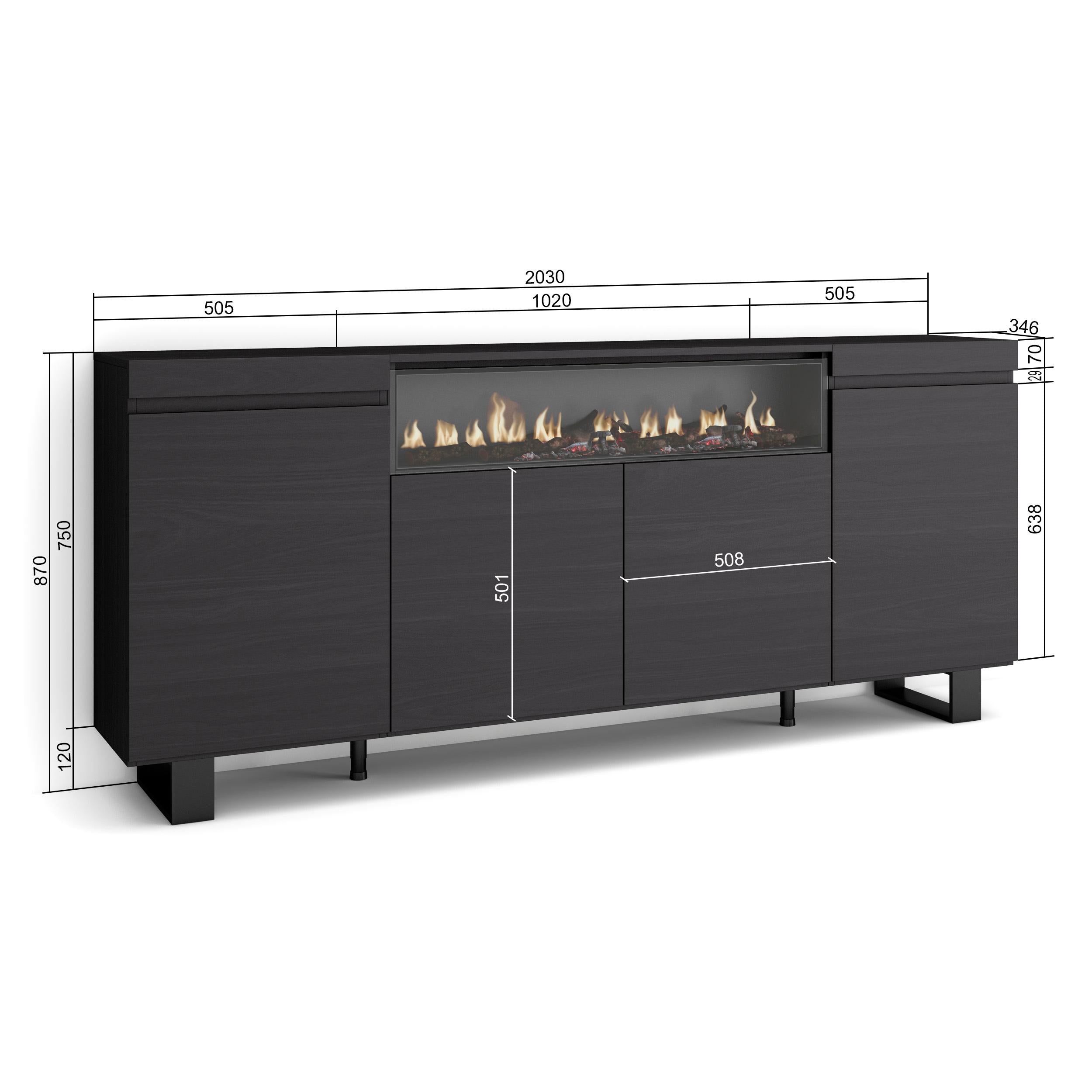 Buffet salon et cuisine - Meuble de Rangement- Commode - Cheminée électrique - 200 x 87 x 35 cm - Design industriel noir