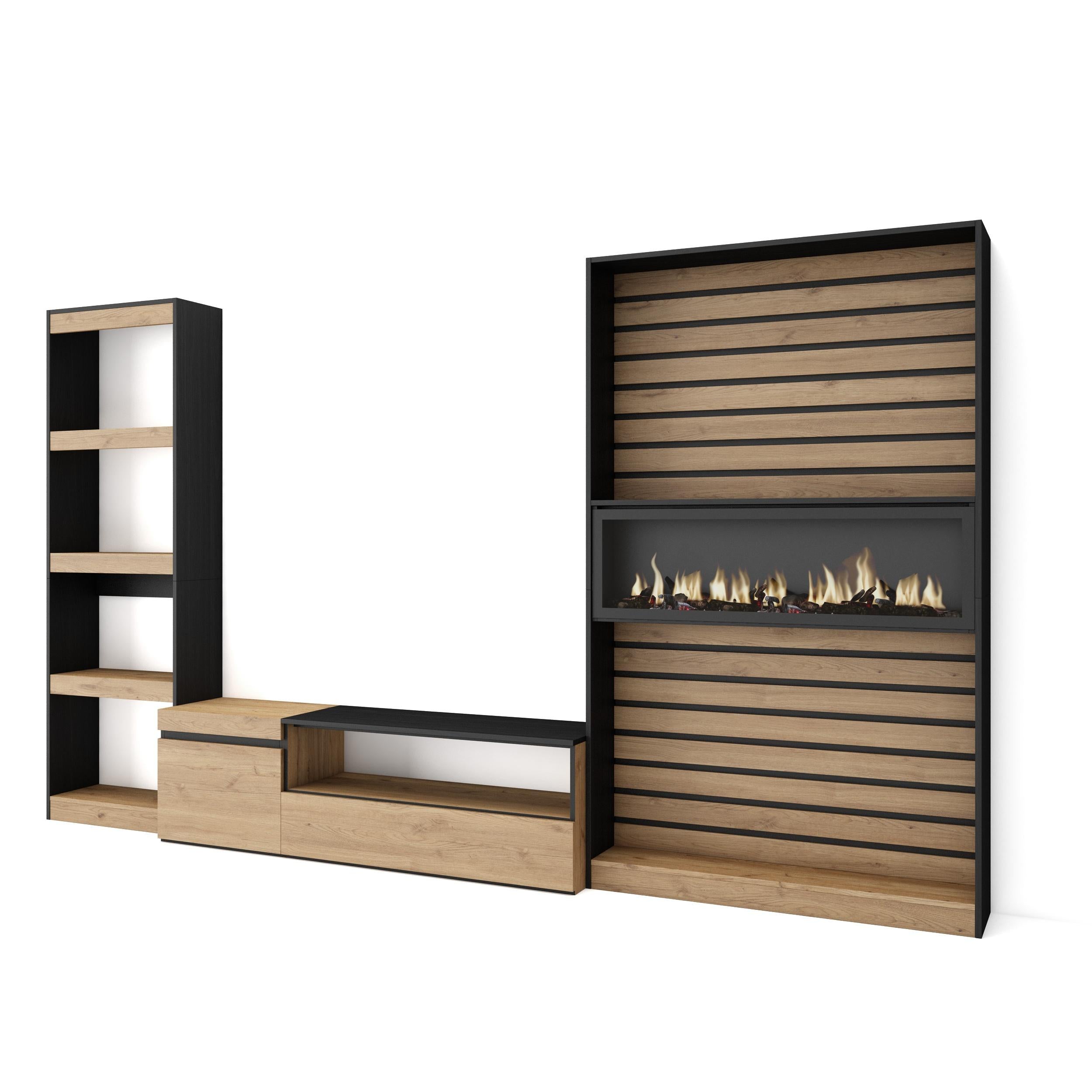 Ensemble Meuble TV - 320x186x35cm - Cheminée électrique - Chêne et noir