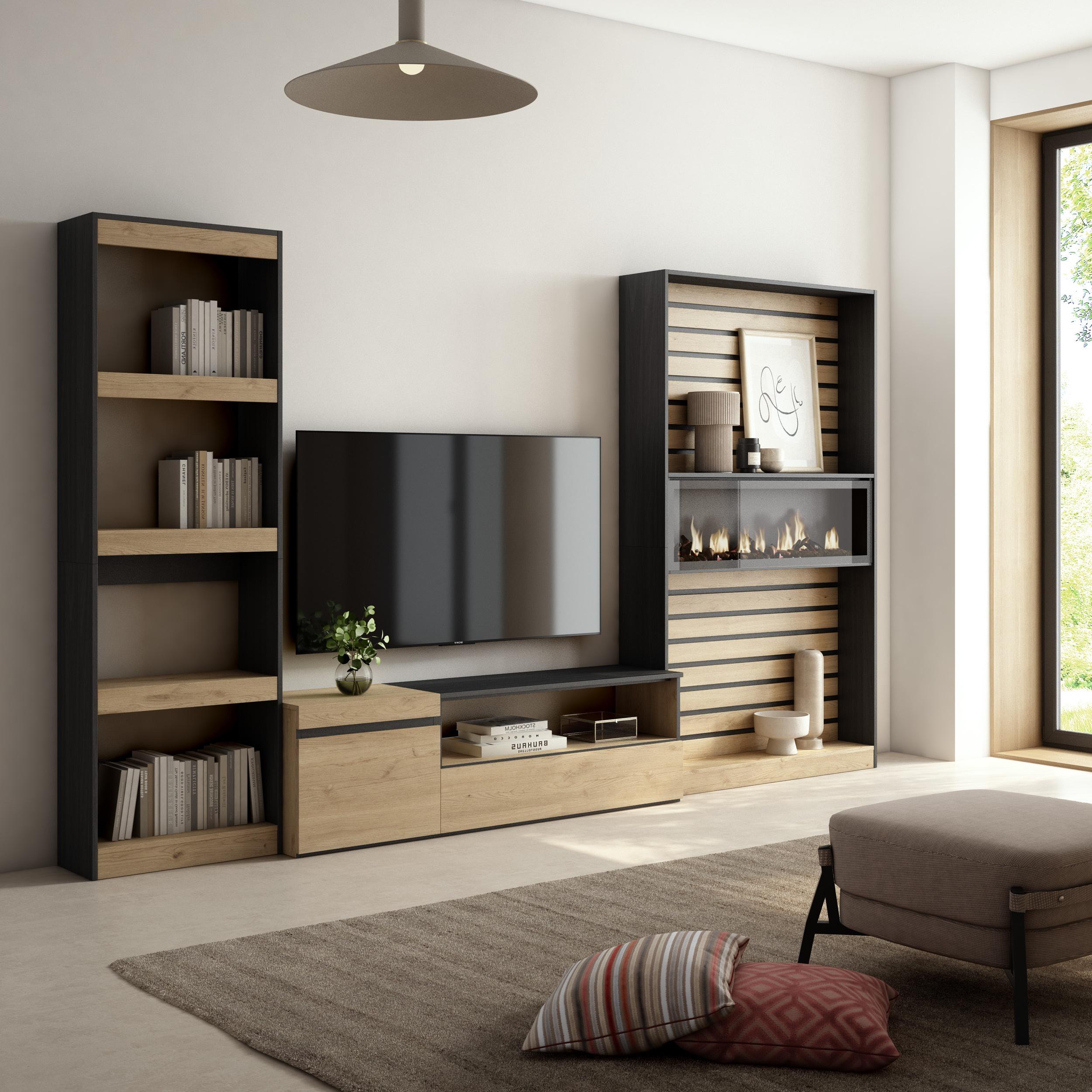 Ensemble Meuble TV - 320x186x35cm - Cheminée électrique - Chêne et noir