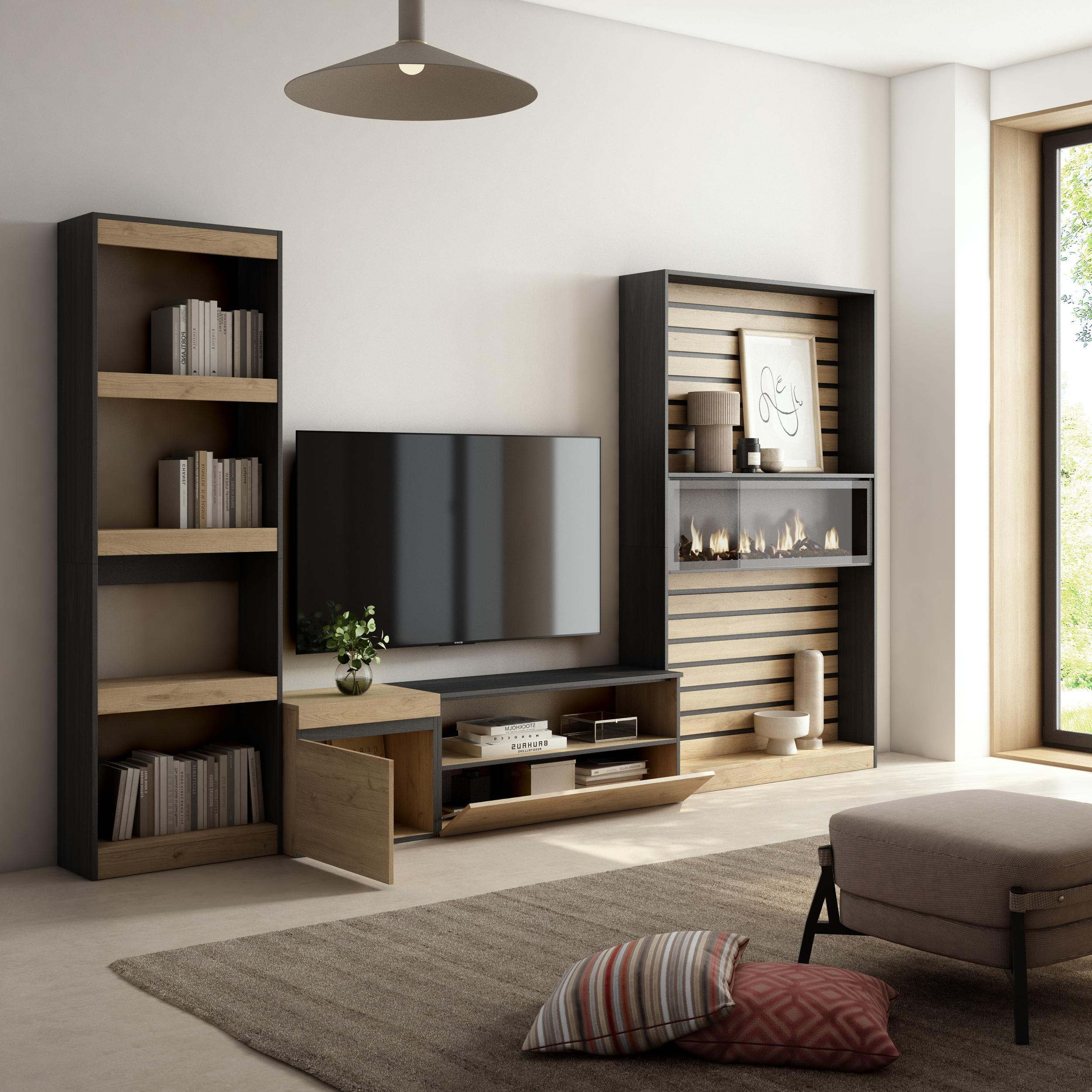 Ensemble Meuble TV - 320x186x35cm - Cheminée électrique - Chêne et noir
