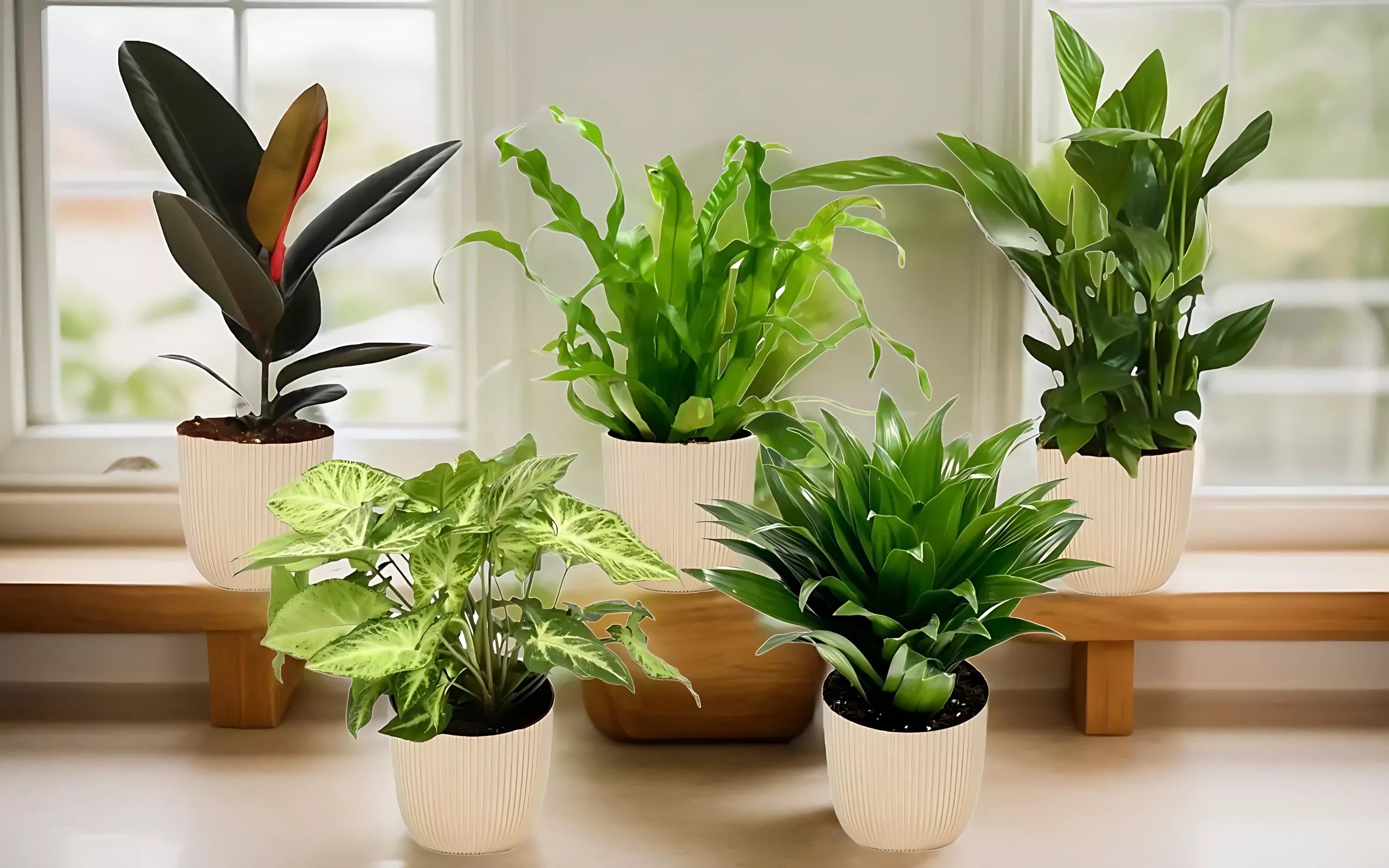 Ensemble de 5 plantes d'intérieur purificatrices d'air (1x Dracaena Compacta, 1x Ficus elastica Robusta, 1x Syngonium Arrow, 1x Spathiphyllum Korto, 1x Asplenium Antiquum) 25-45 cm