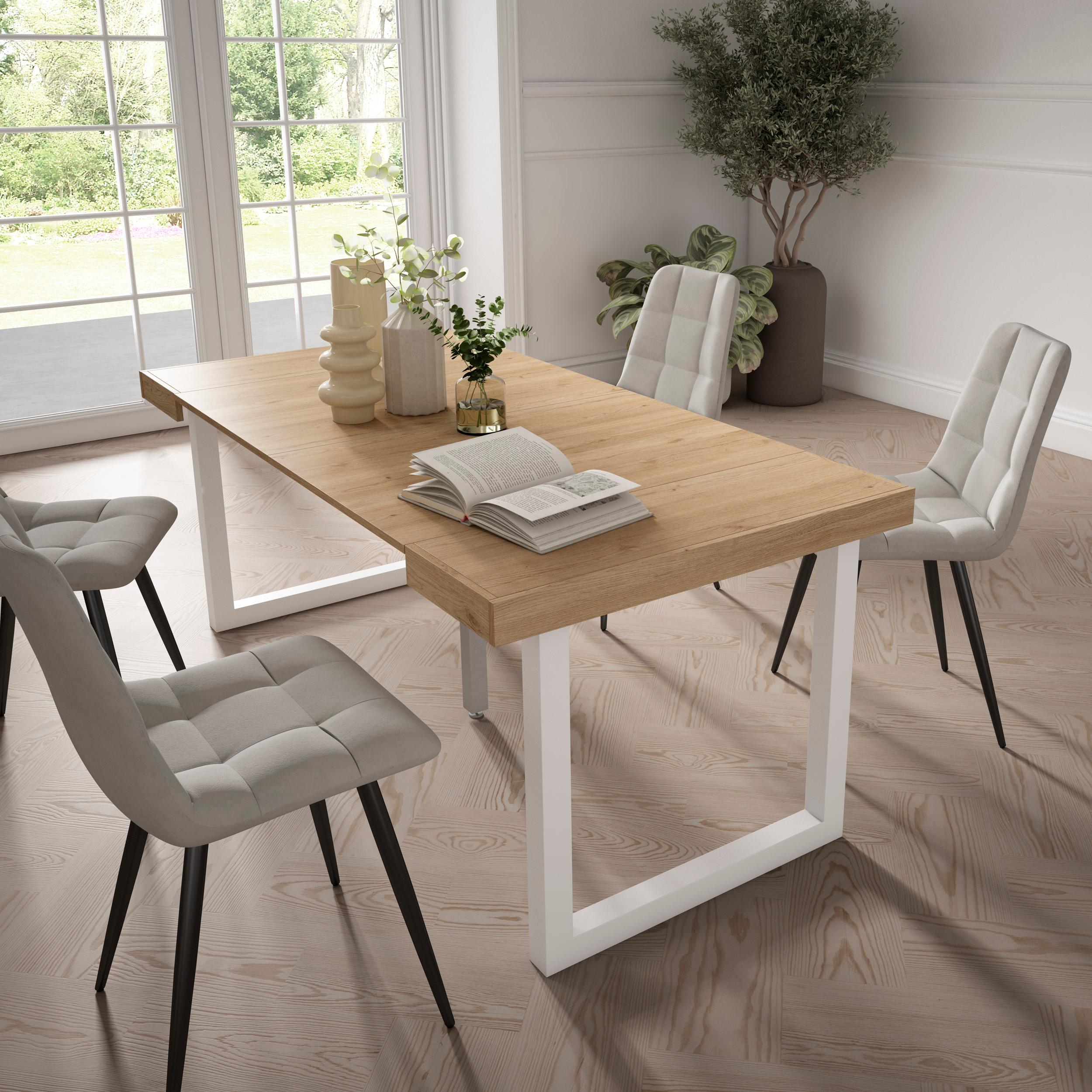 Table console extensible chêne 180 cm – Jusqu’à 8 personnes – Pieds en bois massif blancs en U
