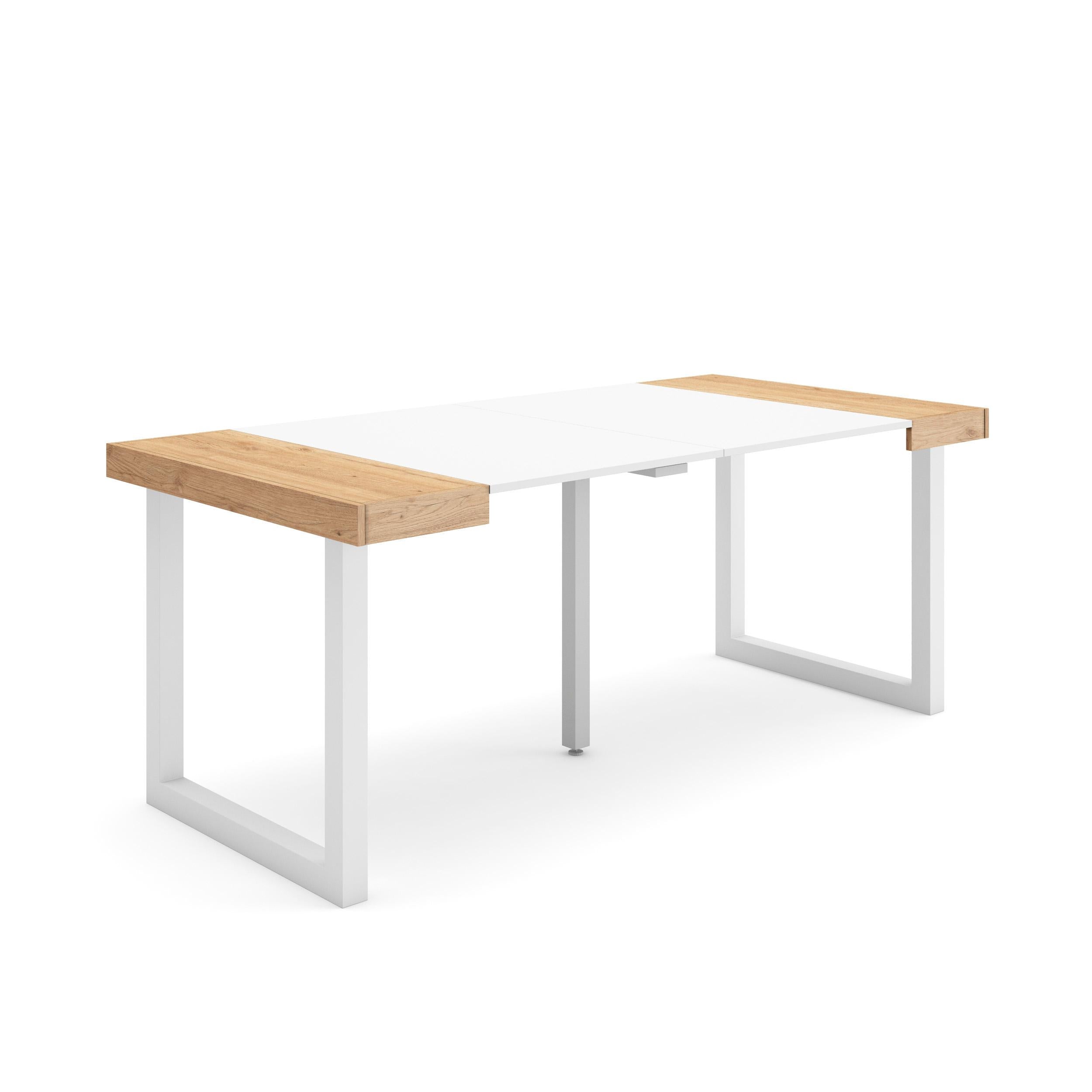 Table console extensible blanche & chêne 180 cm – Jusqu’à 8 personnes – Pieds en bois massif blancs en U