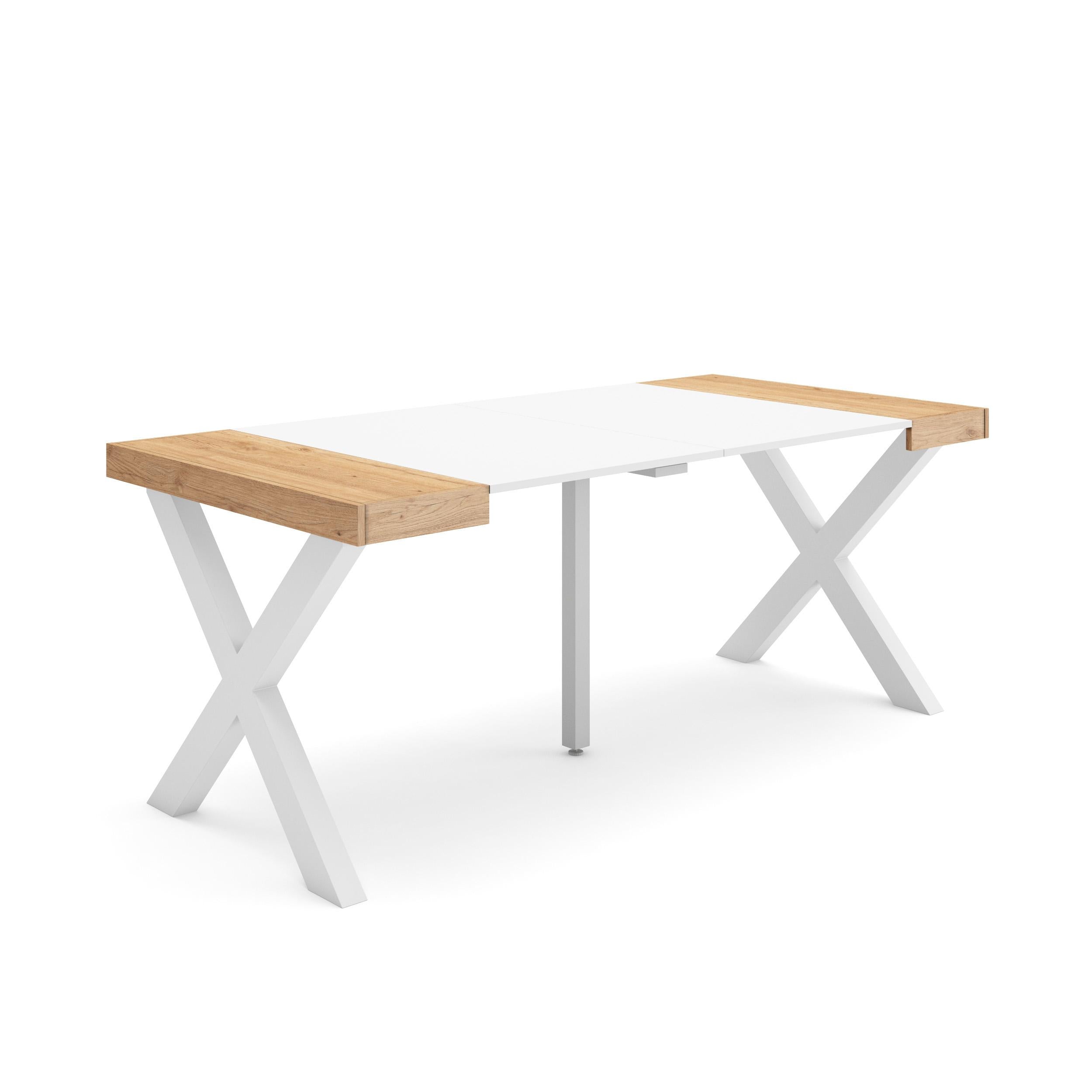 Table console extensible blanche & chêne 180 cm – Jusqu’à 8 personnes – Pieds en bois massif blancs en croix