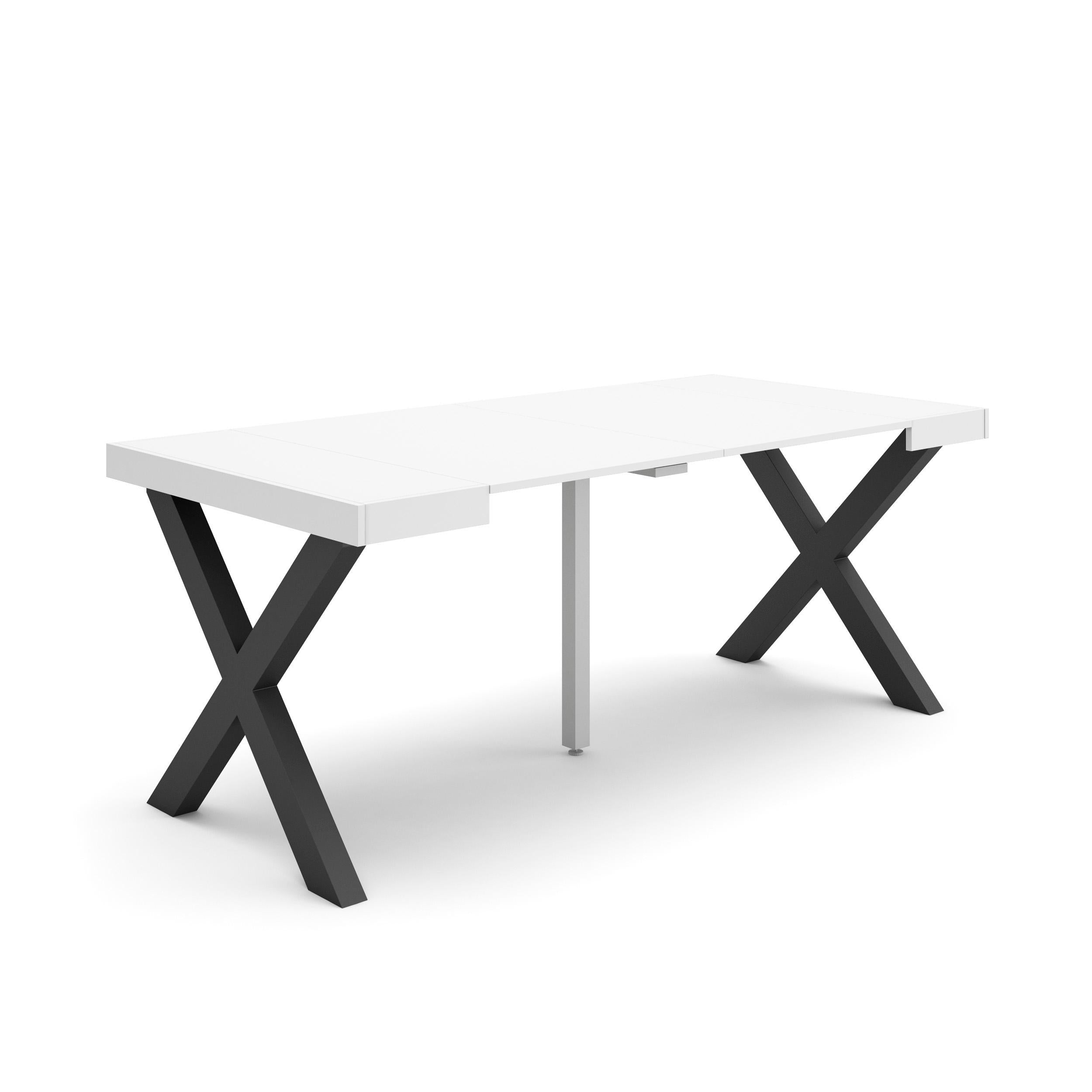 Table console extensible blanche 180 cm – Jusqu’à 8 personnes – Pieds en bois massif noirs en croix