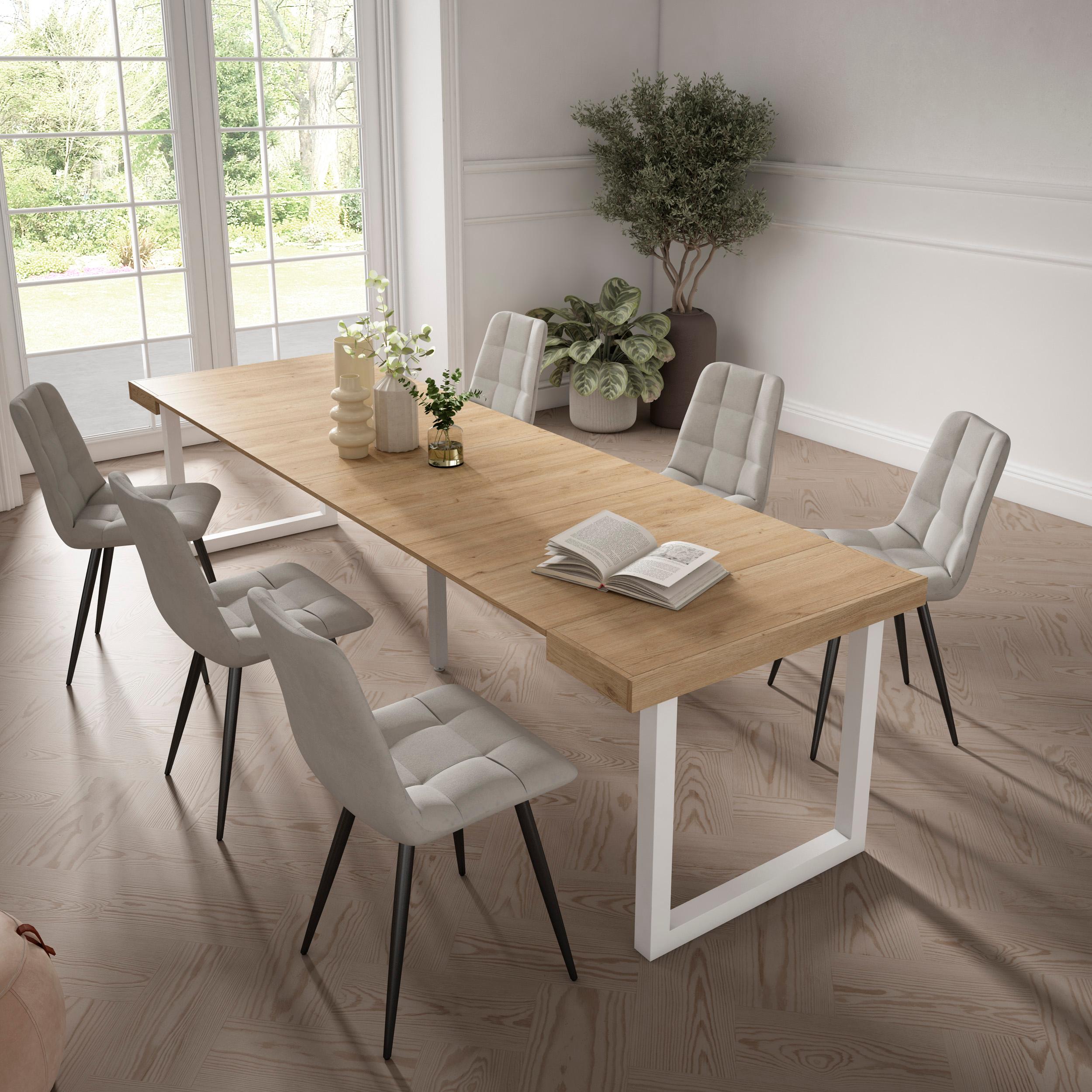 Table console extensible chêne 300 cm – Jusqu’à 14 personnes – Pieds en bois massif blancs en U