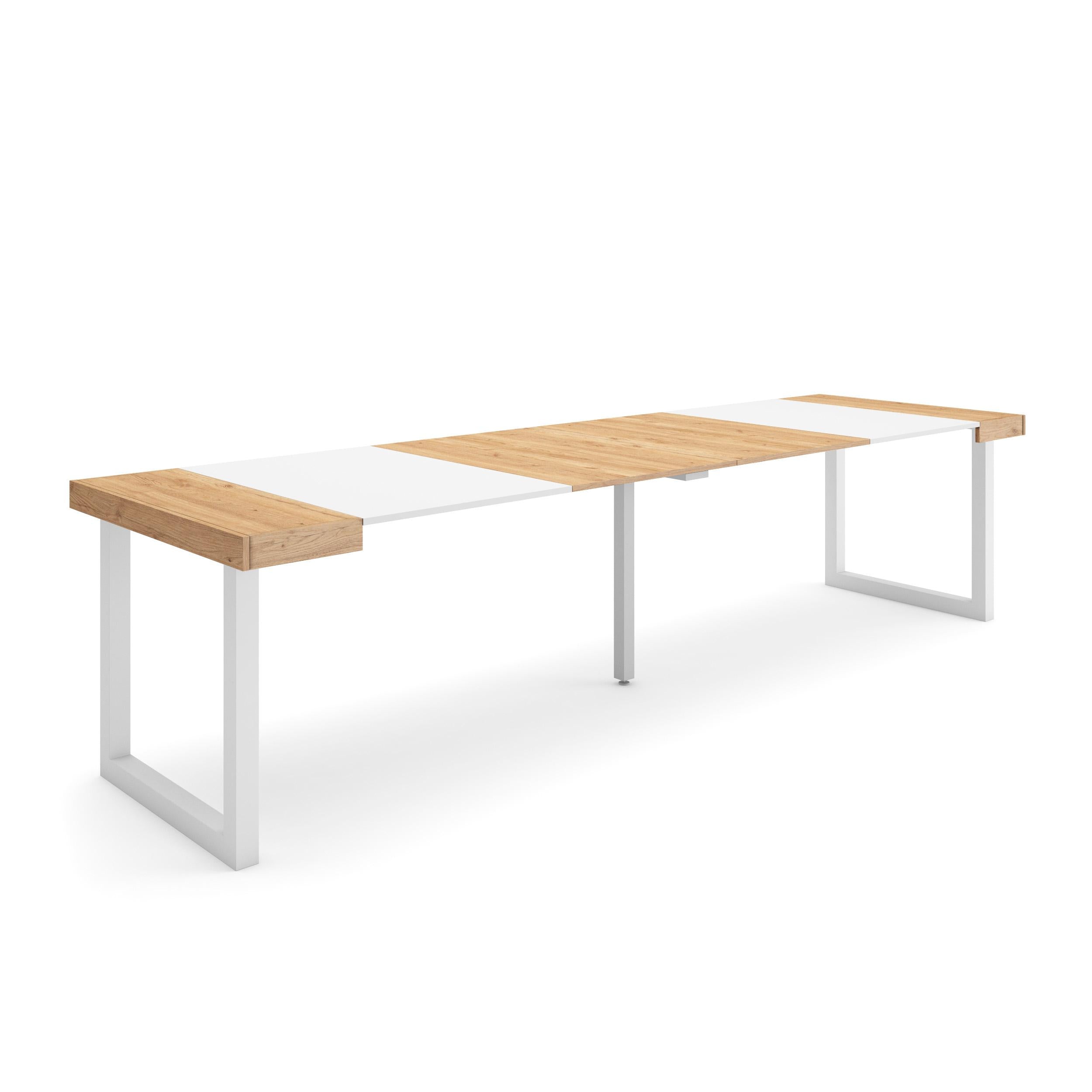 Table console extensible blanche & chêne 300 cm – Jusqu’à 14 personnes – Pieds en bois massif blancs en U