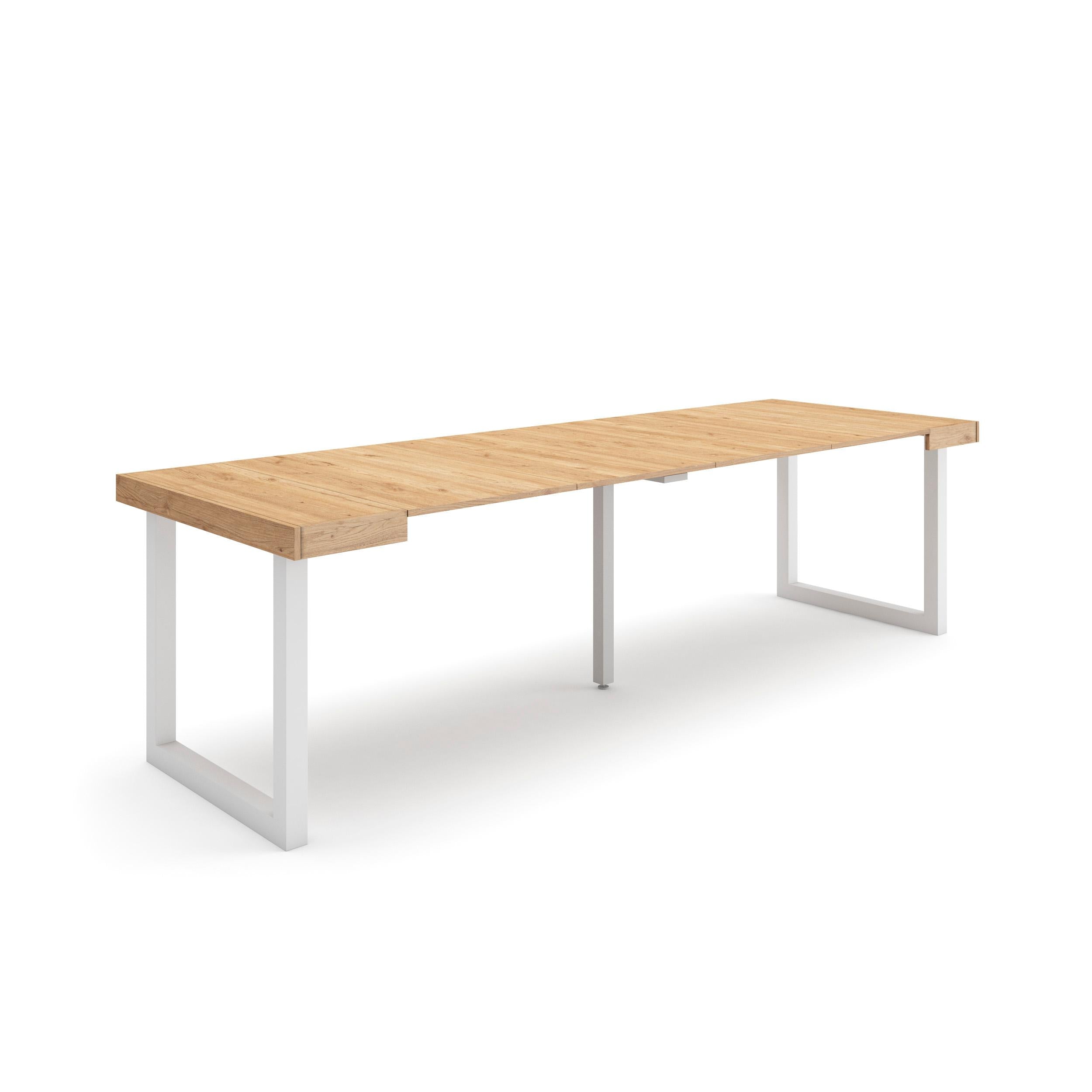 Table console extensible chêne 260 cm – Jusqu’à 12 personnes – Pieds en bois massif blancs en U
