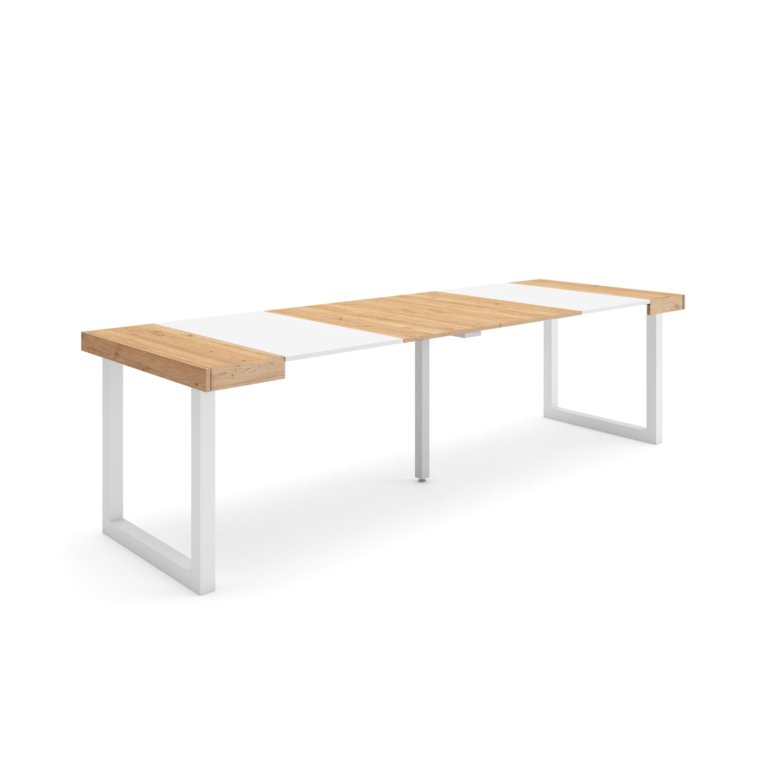 Table console extensible blanche & chêne 260 cm – Jusqu’à 12 personnes – Pieds en bois massif blancs en U