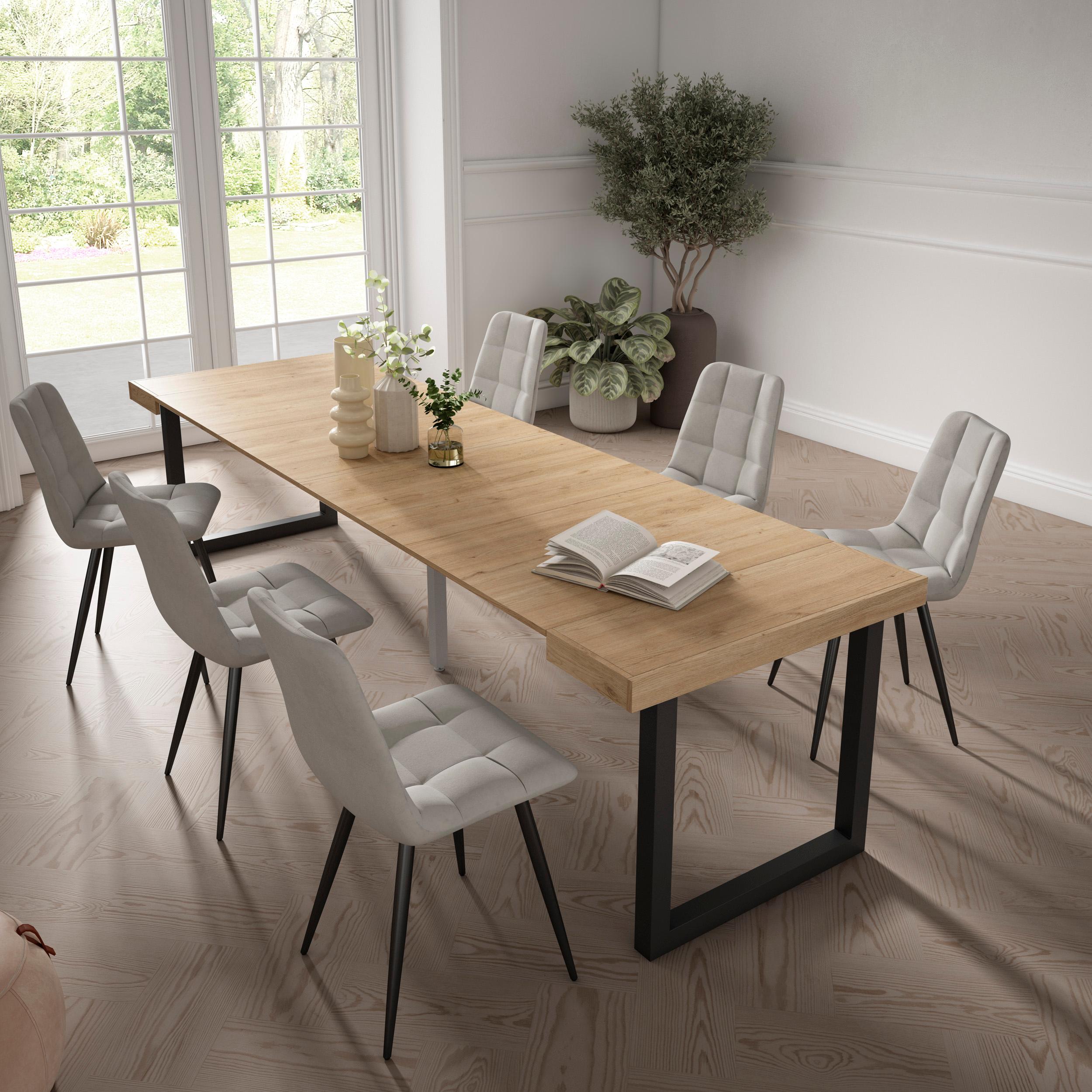 Table console extensible chêne 300 cm – Jusqu’à 14 personnes – Pieds en bois massif noirs en U