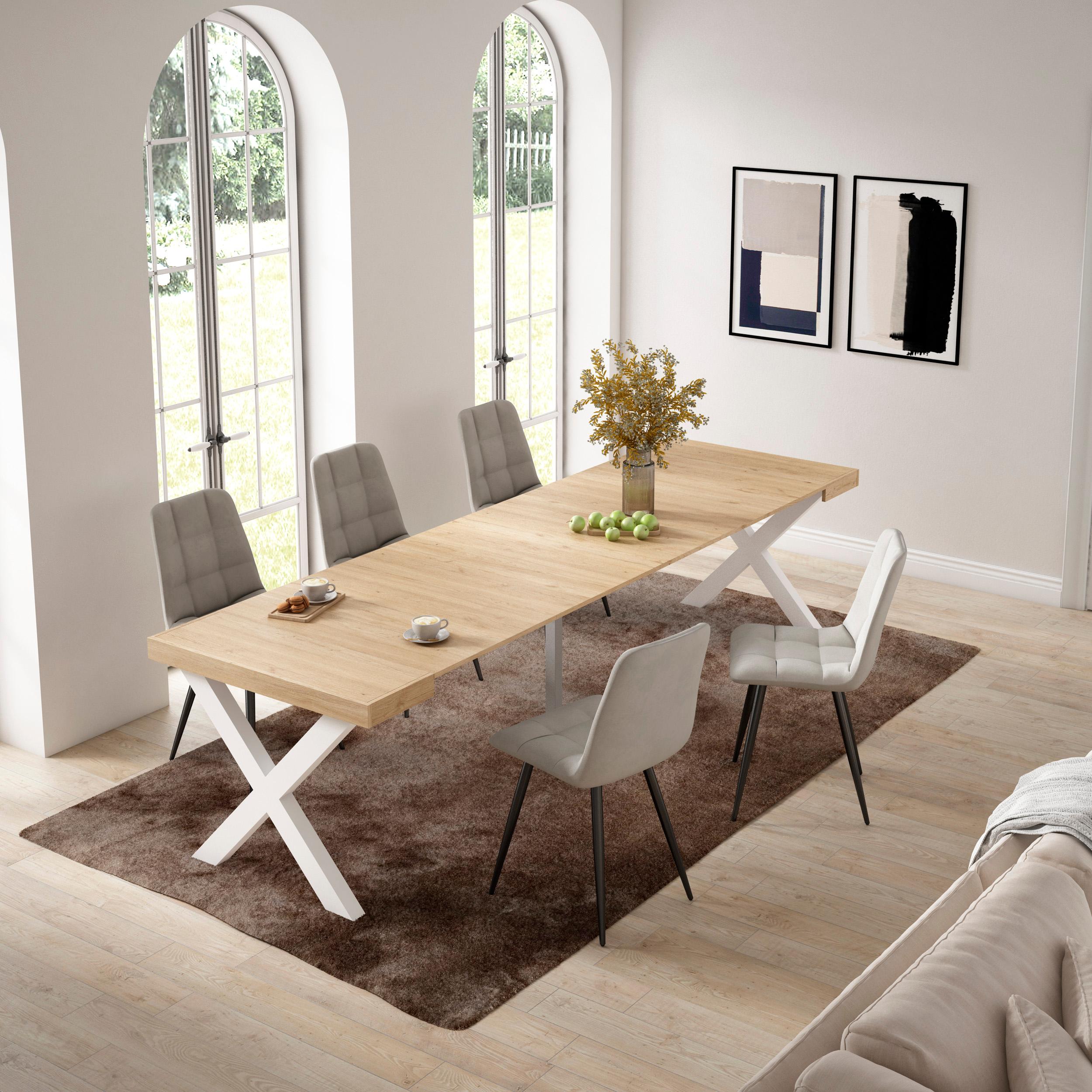 Table console extensible chêne 300 cm – Jusqu’à 14 personnes – Pieds en bois massif blancs en croix