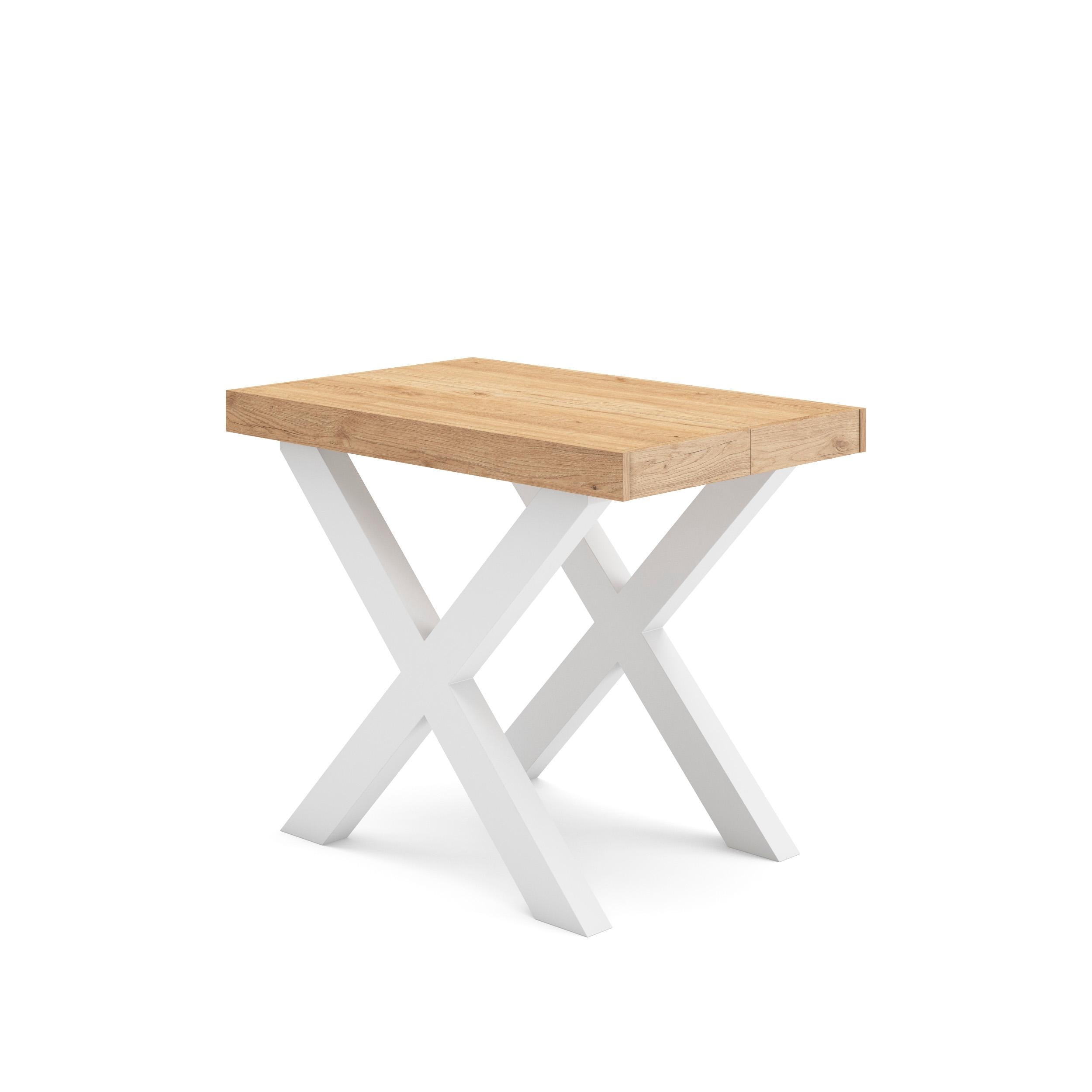 Table console extensible blanche & chêne 260 cm – Jusqu’à 12 personnes – Pieds en bois massif blancs en croix