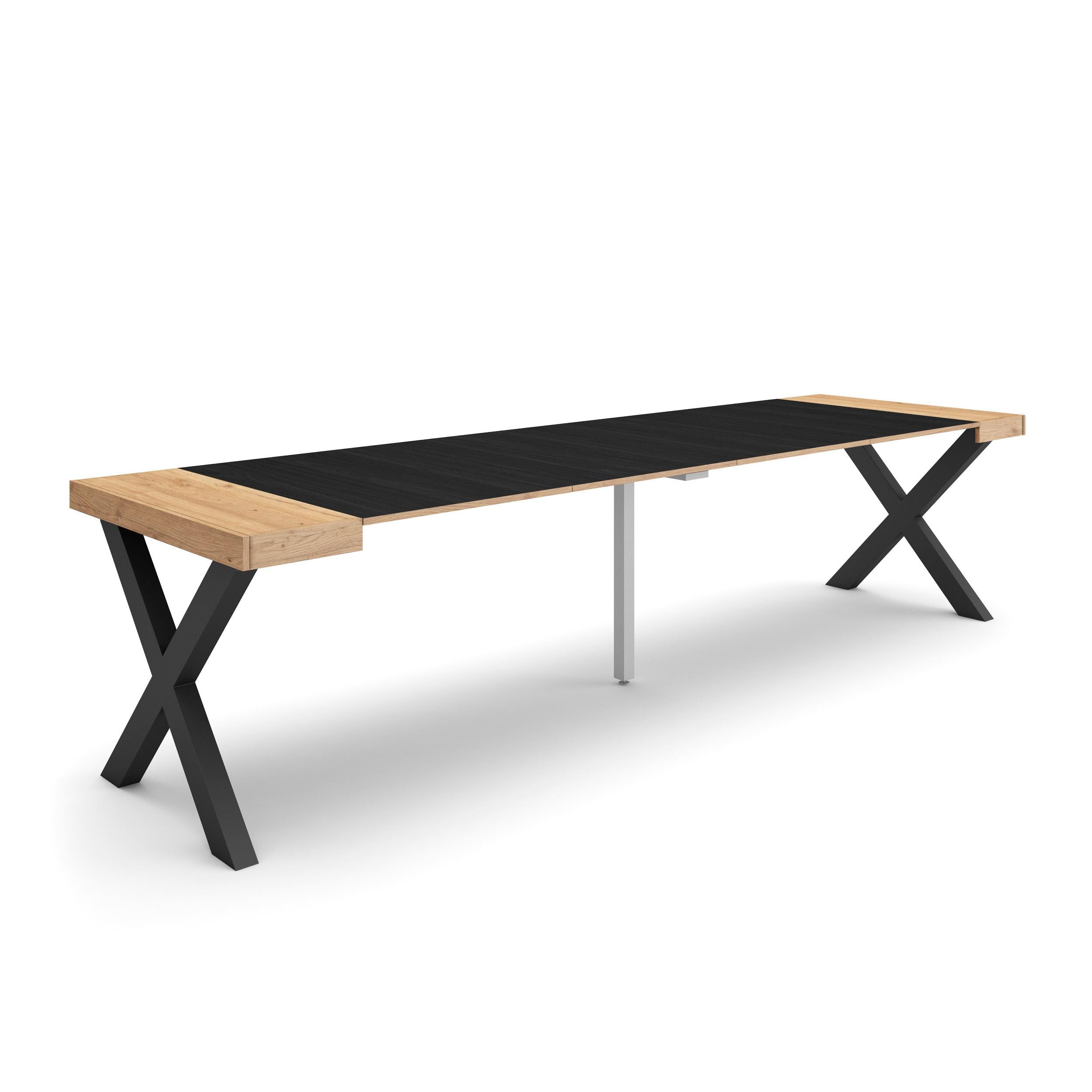 Table console extensible noire & chêne 300 cm – Jusqu’à 14 personnes – Pieds en bois massif noirs en croix
