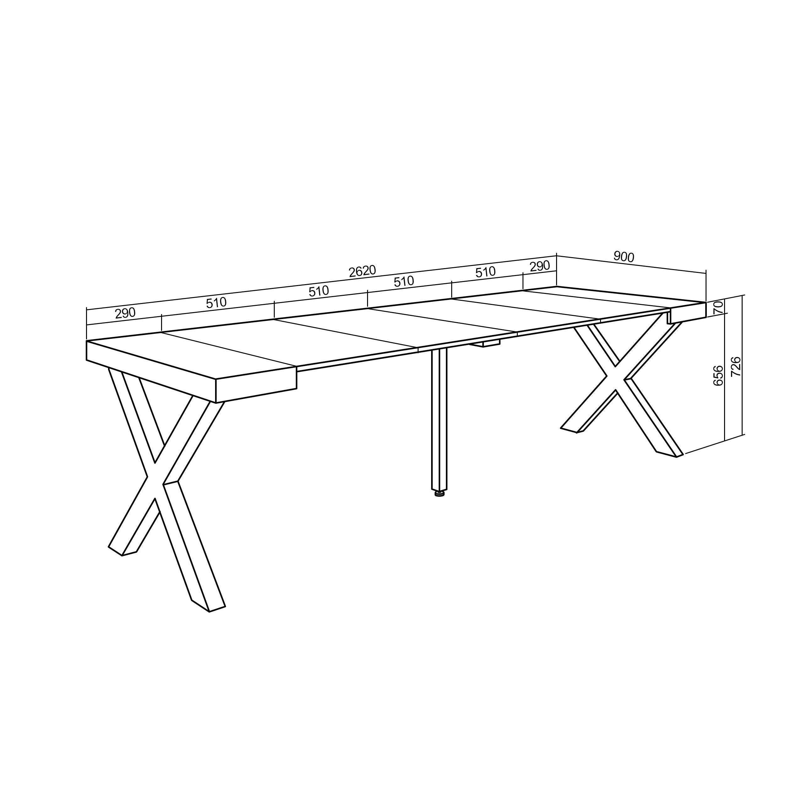Table console extensible noire & chêne 260 cm – Jusqu’à 12 personnes – Pieds en bois massif noirs en croix