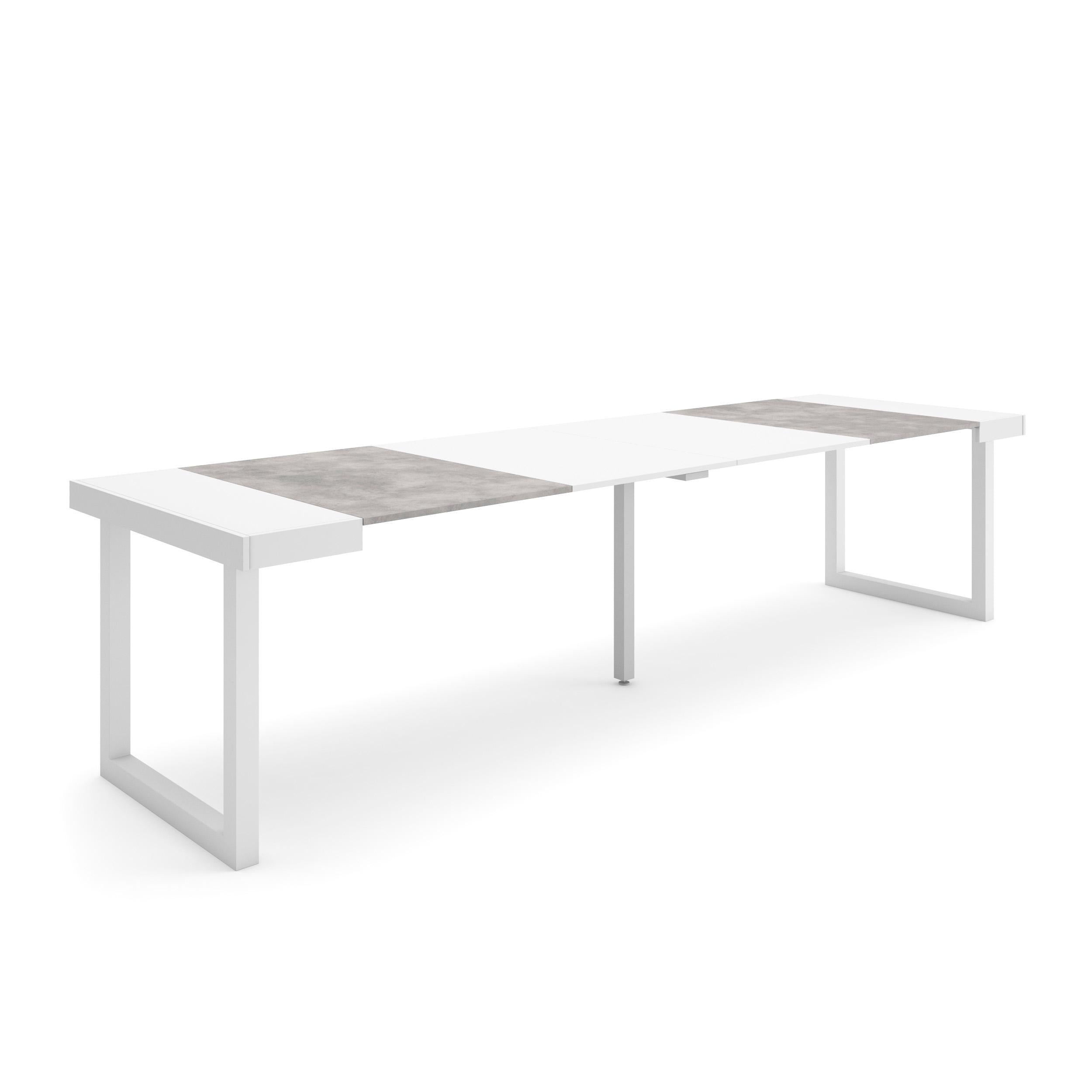 Table console extensible blanche & ciment 300 cm – Jusqu’à 14 personnes – Pieds en bois massif blancs en U