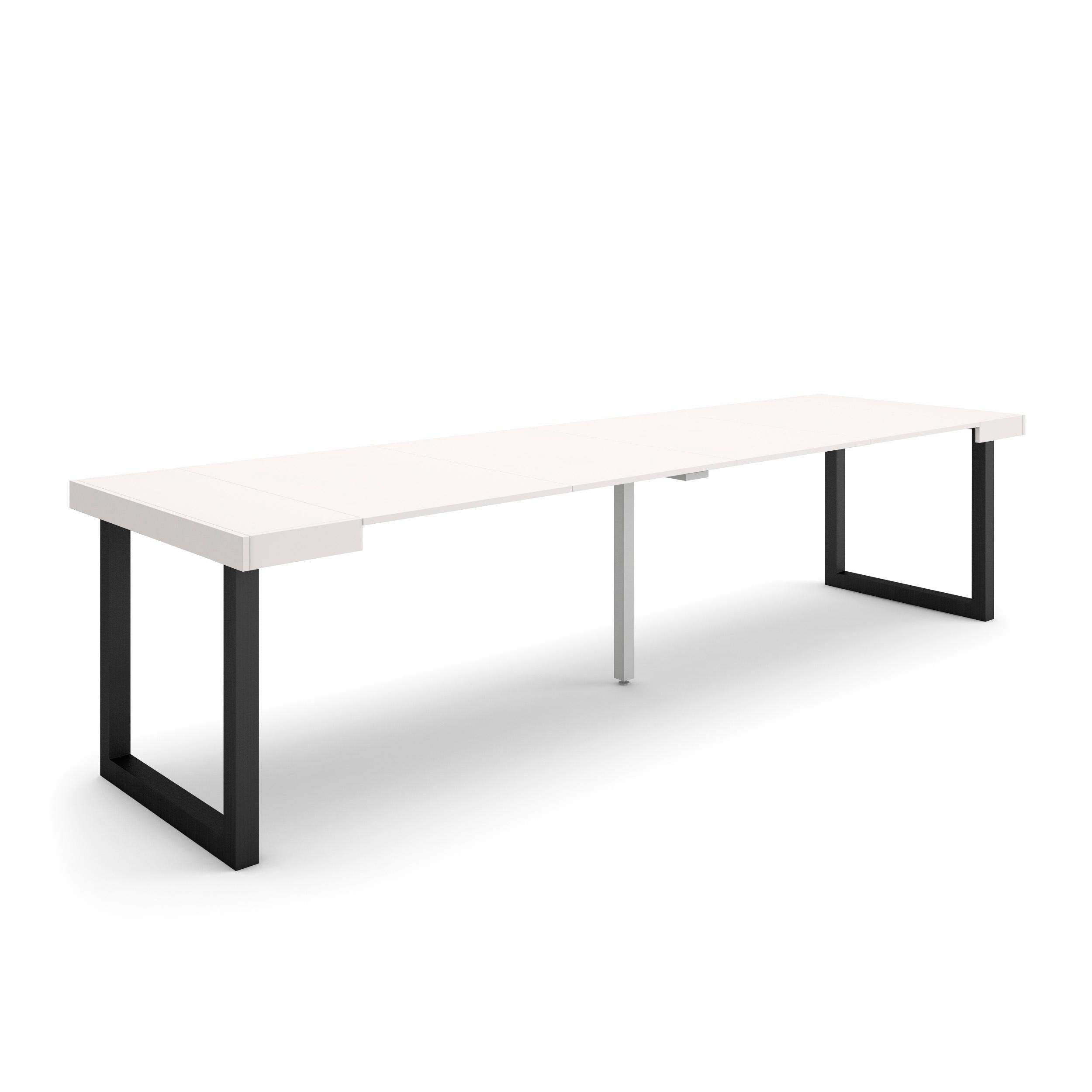 Table console extensible blanche 300 cm – Jusqu’à 14 personnes – Pieds en bois massif noirs en U