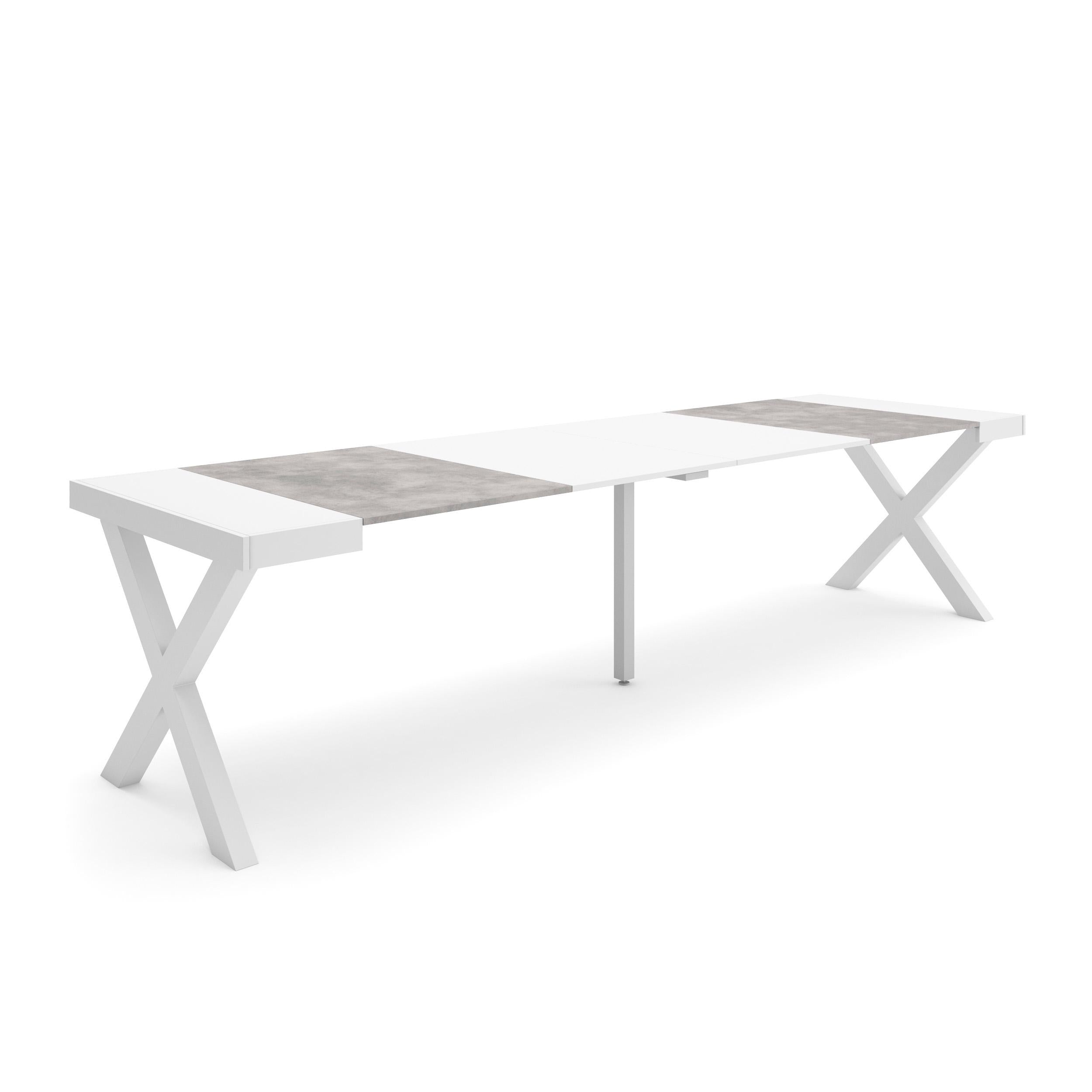 Table console extensible blanche & ciment 300 cm – Jusqu’à 14 personnes – Pieds en bois massif blancs en croix