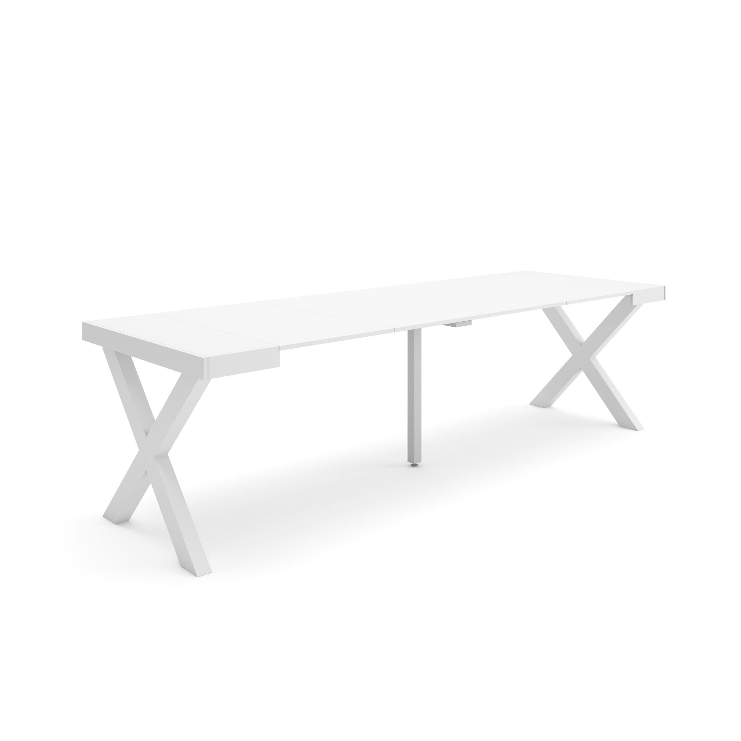 Table console extensible blanche 260 cm – Jusqu’à 12 personnes – Pieds en bois massif blancs en croix