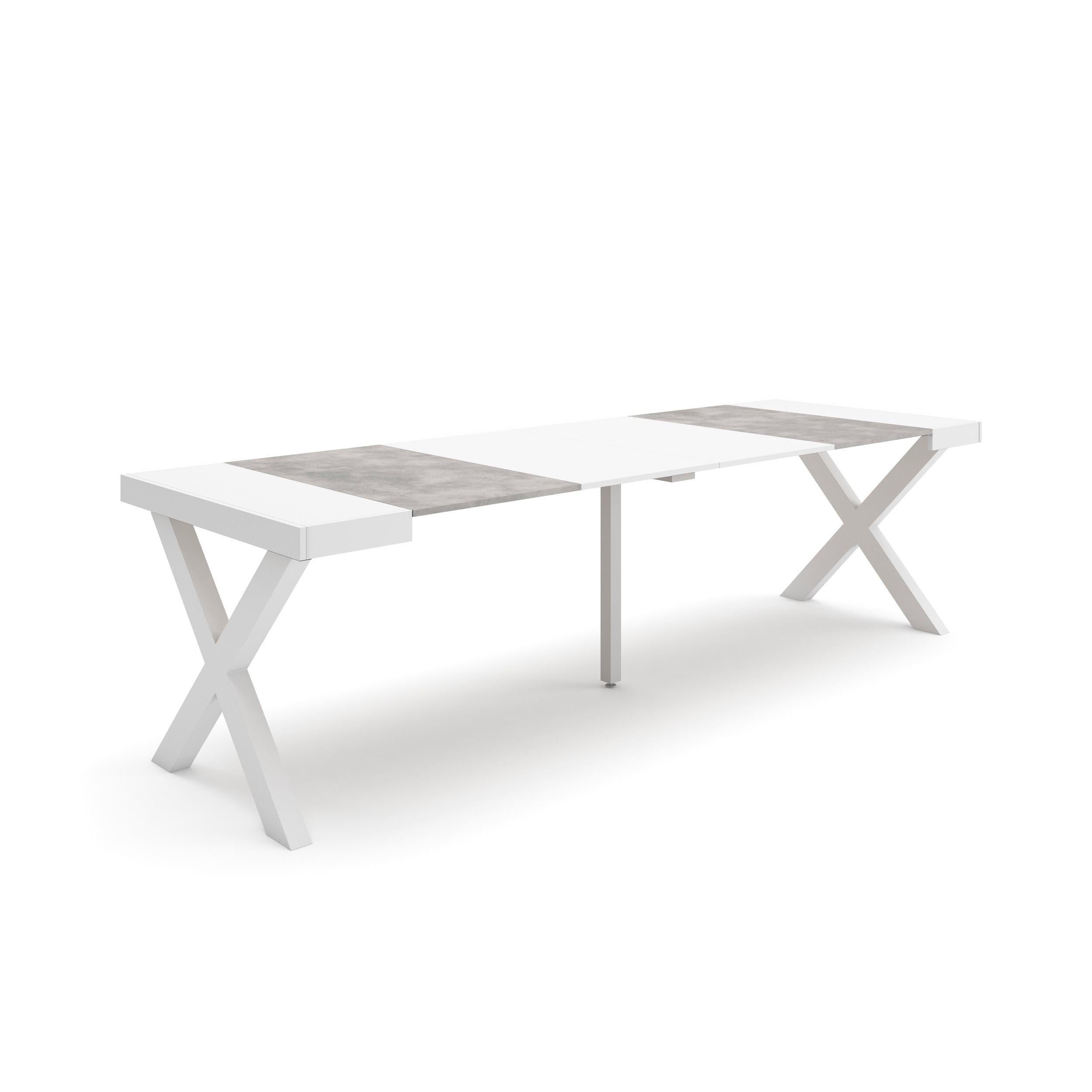 Table console extensible ciment & blanche 260 cm – Jusqu’à 12 personnes – Pieds en bois massif blancs en croix