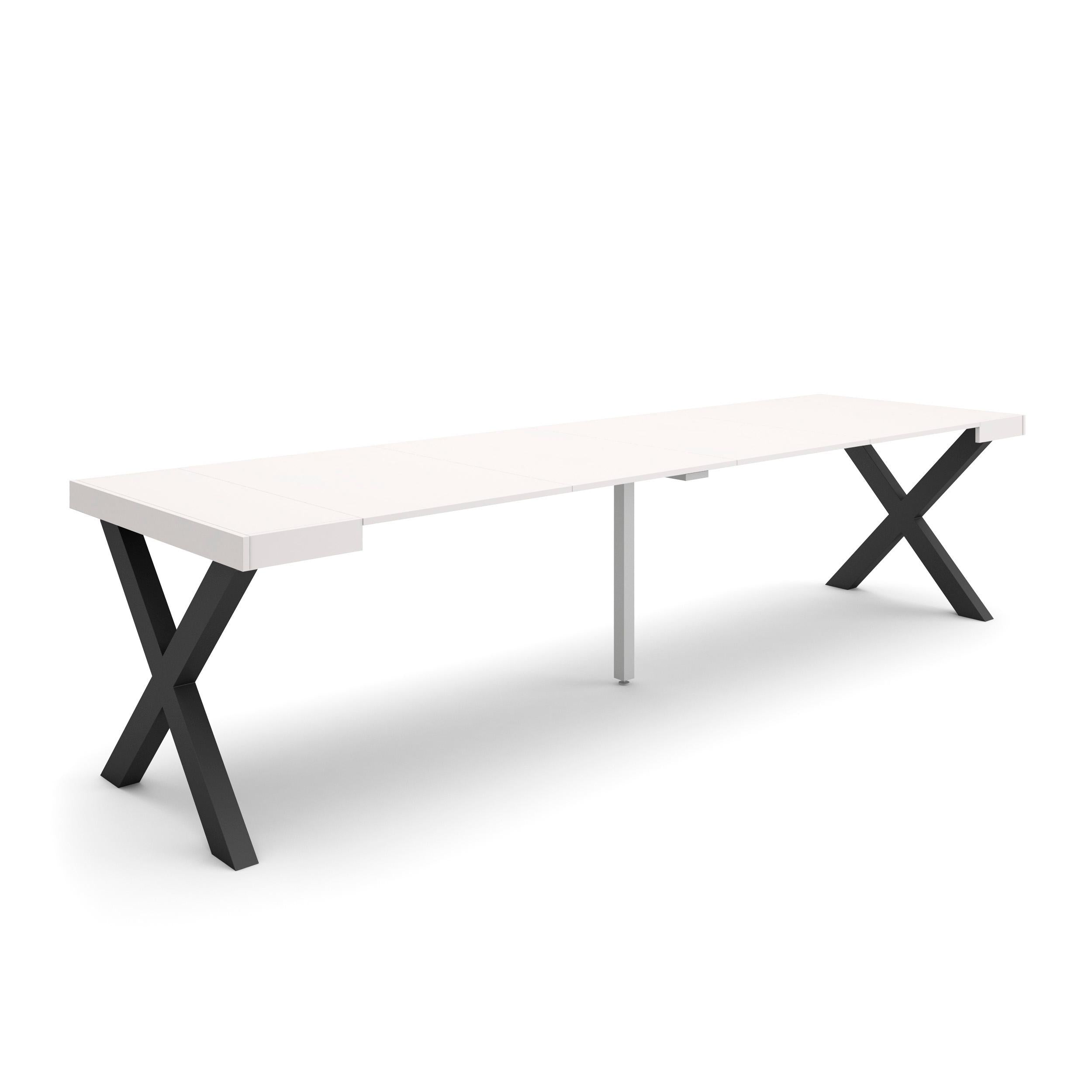Table console extensible blanche 300 cm – Jusqu’à 14 personnes – Pieds en bois massif noirs en croix