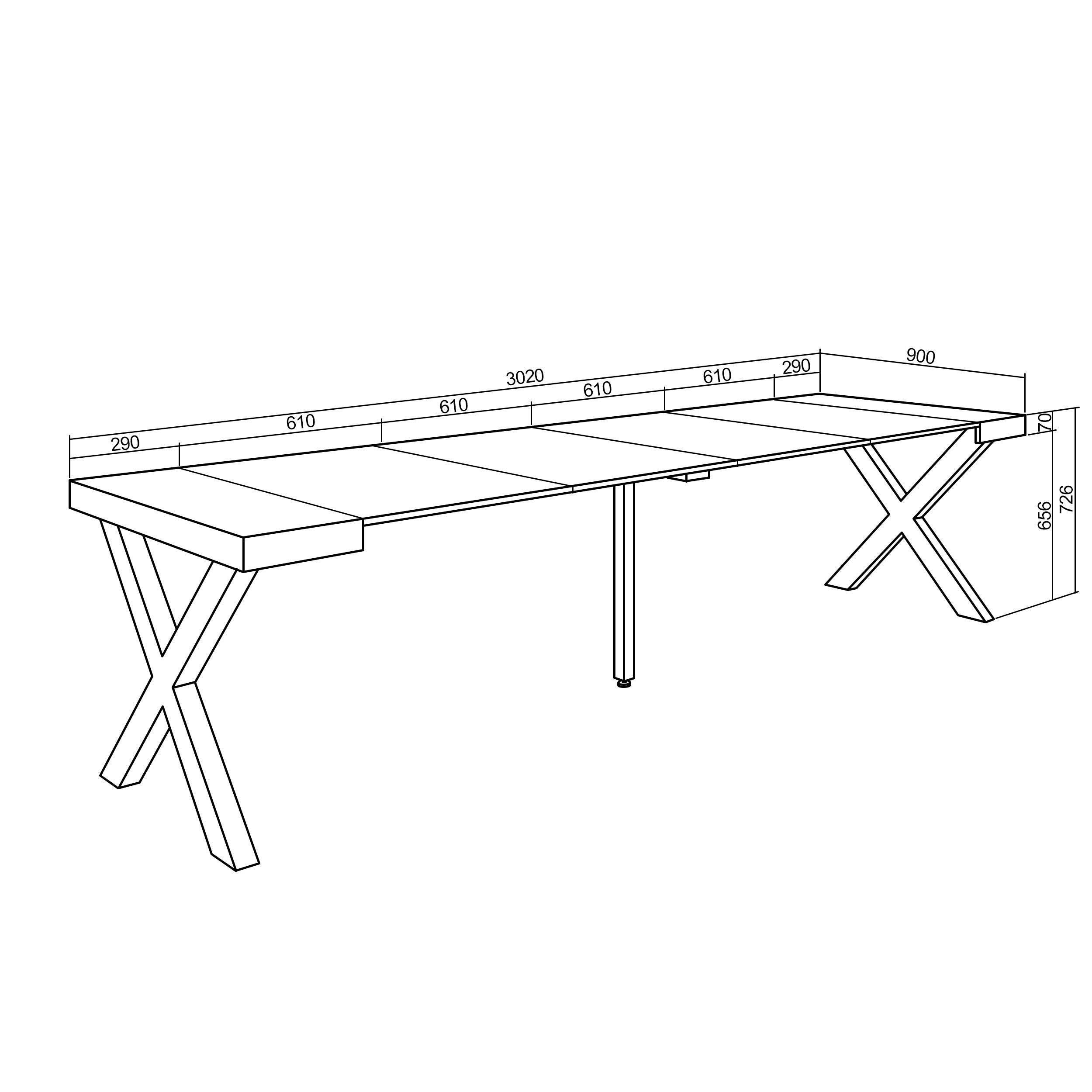 Table console extensible blanche 300 cm – Jusqu’à 14 personnes – Pieds en bois massif noirs en croix