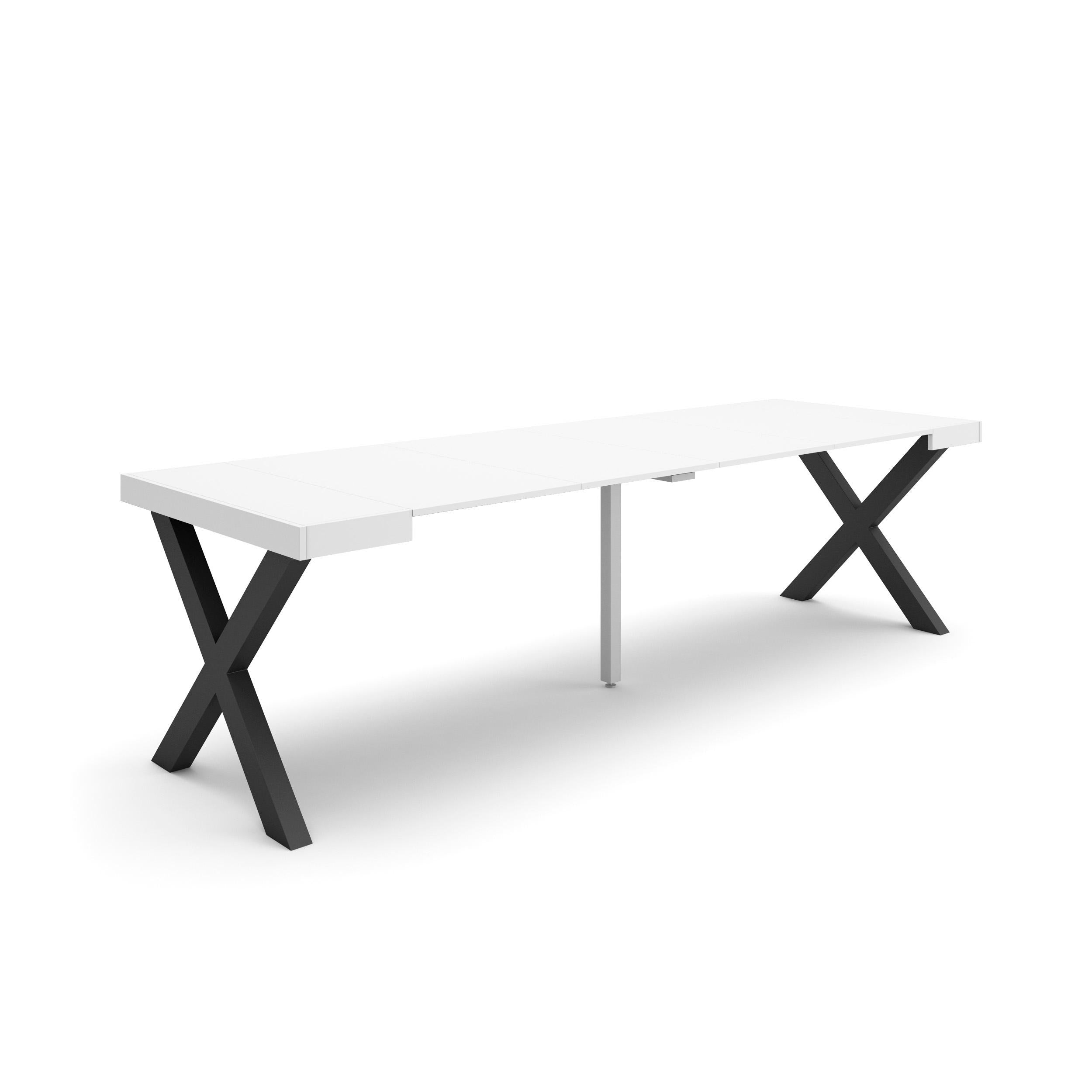 Table console extensible blanche 260 cm – Jusqu’à 12 personnes – Pieds en bois massif noirs en croix