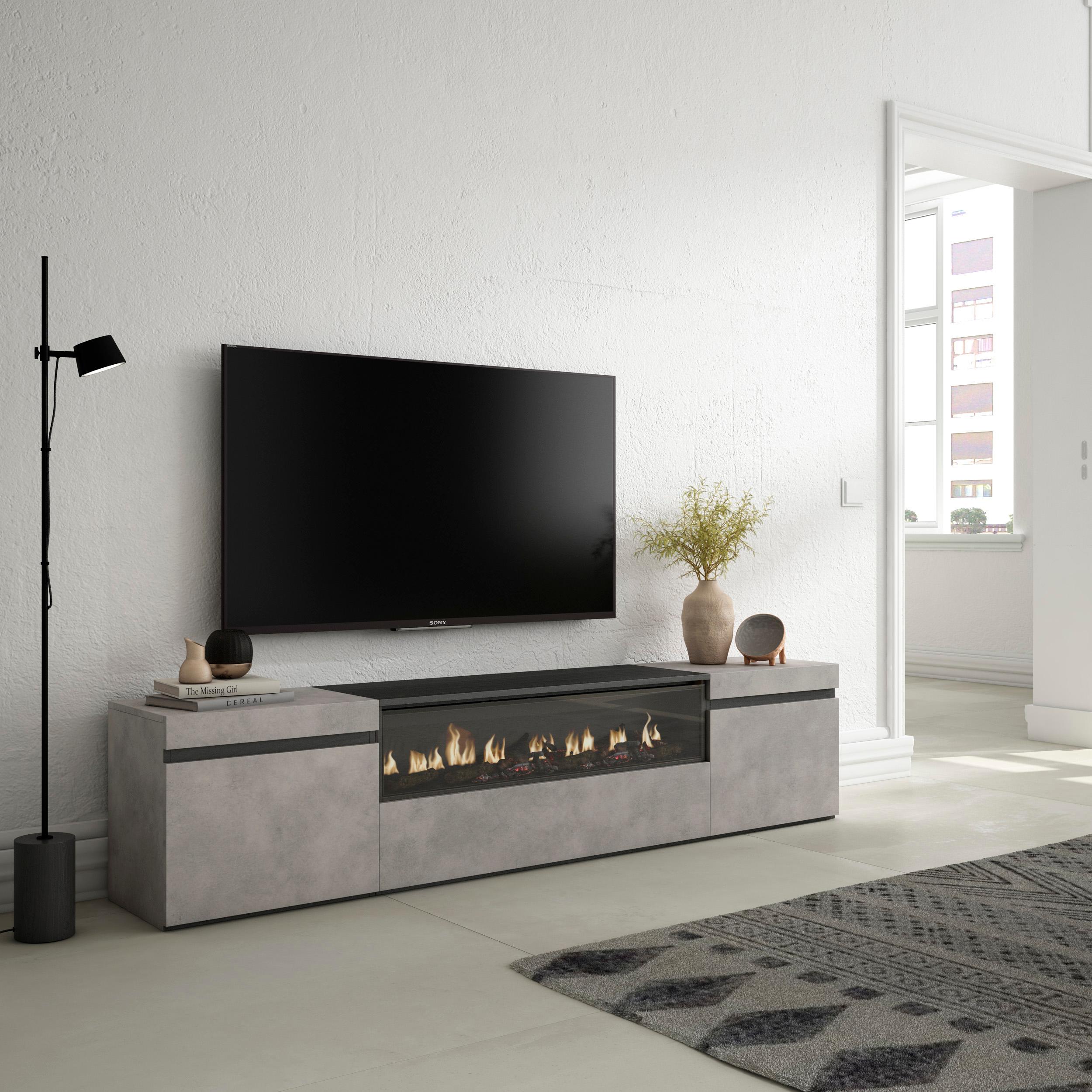 Meuble TV - 200x45x35cm - Cheminée électrique - Pour les TV jusqu'à 80" - Ciment