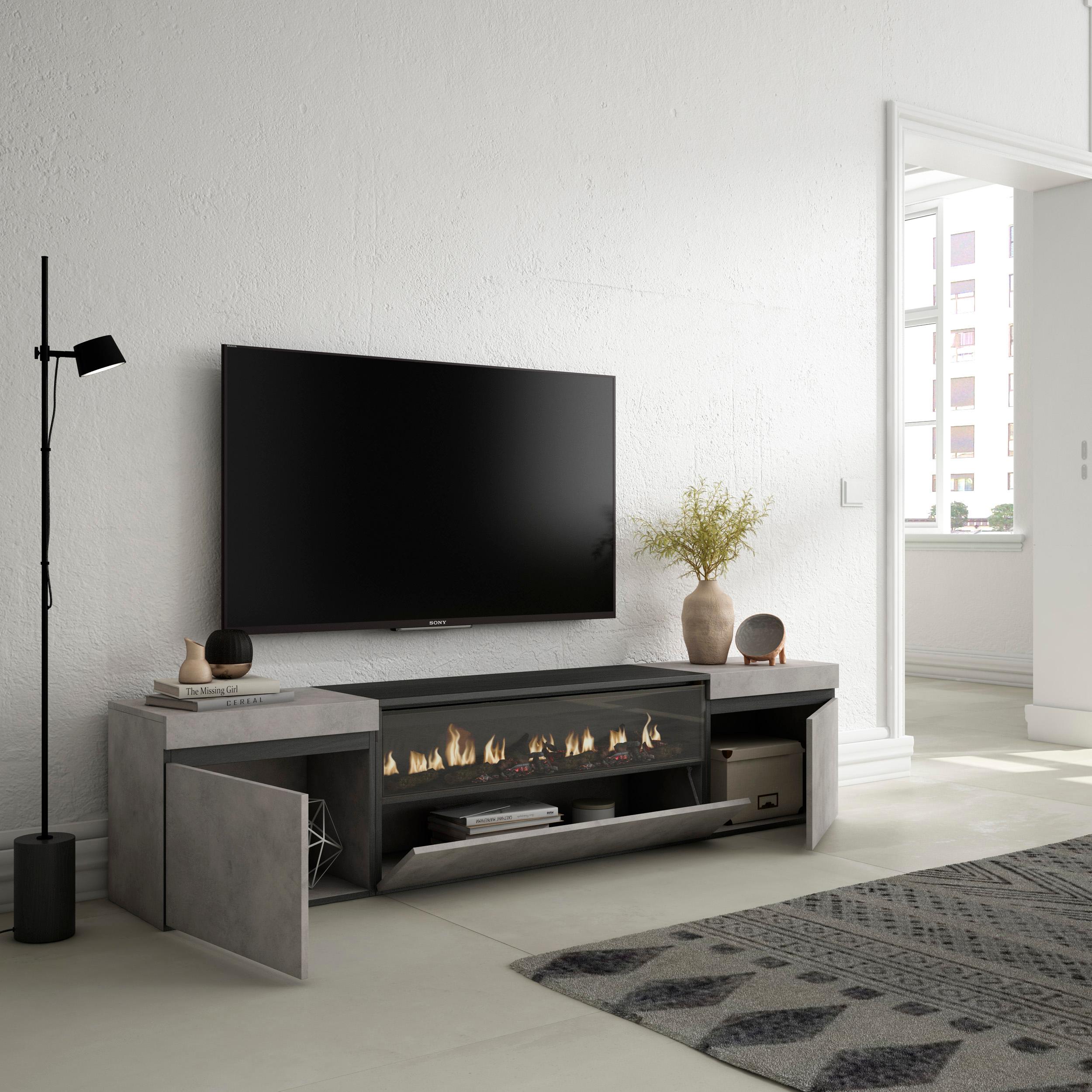 Meuble TV - 200x45x35cm - Cheminée électrique - Pour les TV jusqu'à 80" - Ciment