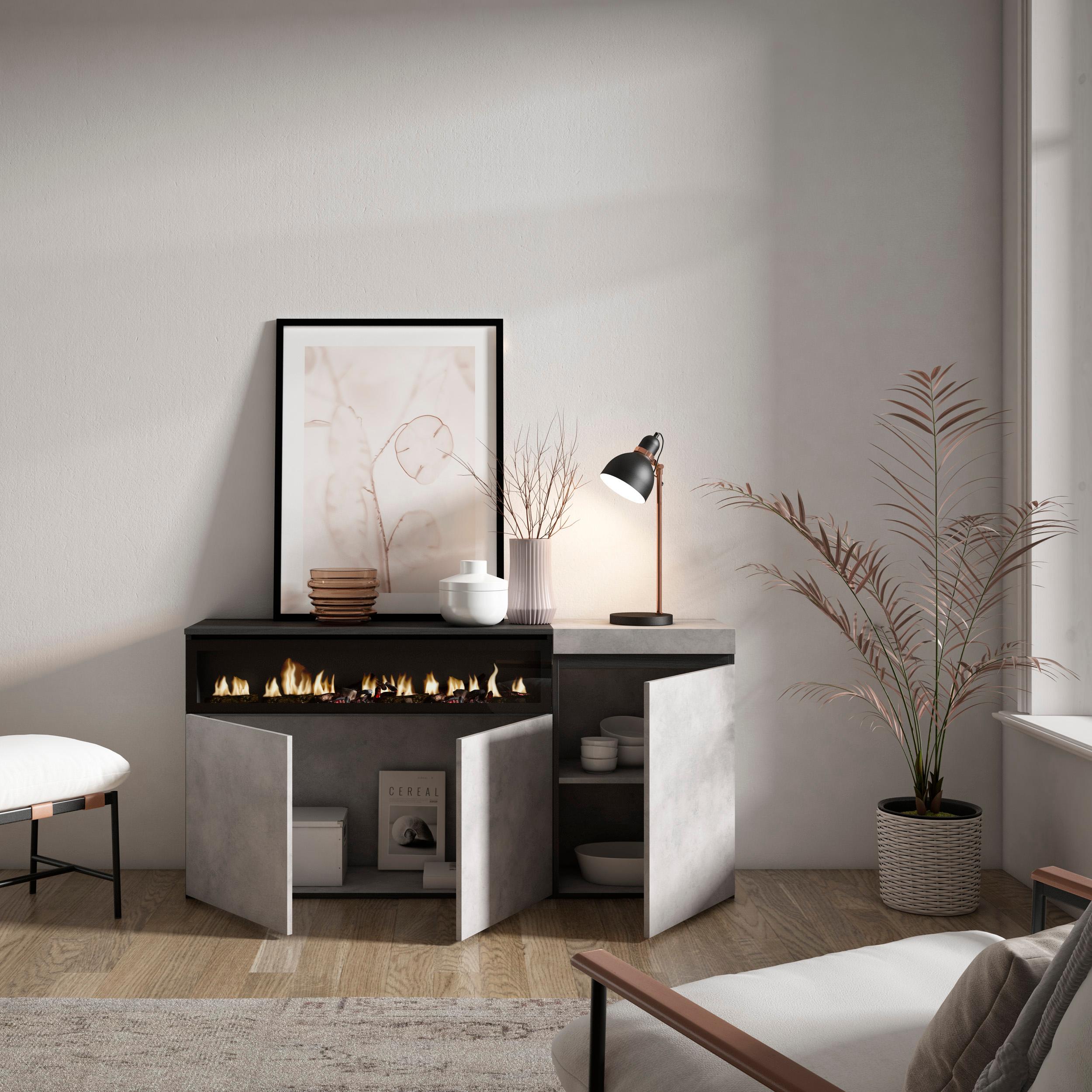 Meuble de rangement 3 portes avec cheminée LED XXL (côté gauche) - 150x75x35cm - Ciment