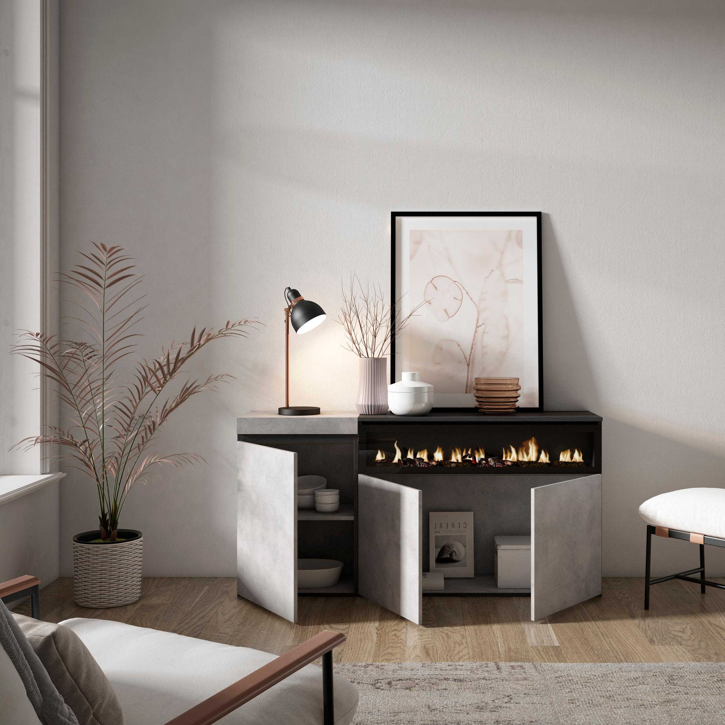 Meuble de rangement 3 portes avec cheminée électrique LED XXL (côté droit) - 150x75x35cm - Ciment