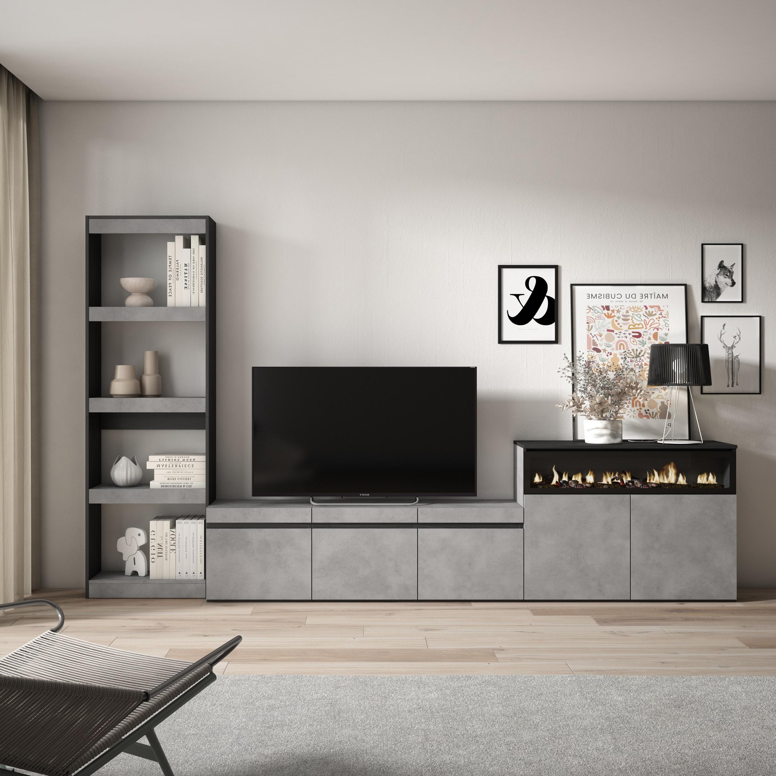 Ensemble Meuble TV - 310x186x35cm - Cheminée électrique - Pour les TV jusqu'à 65" - Ciment
