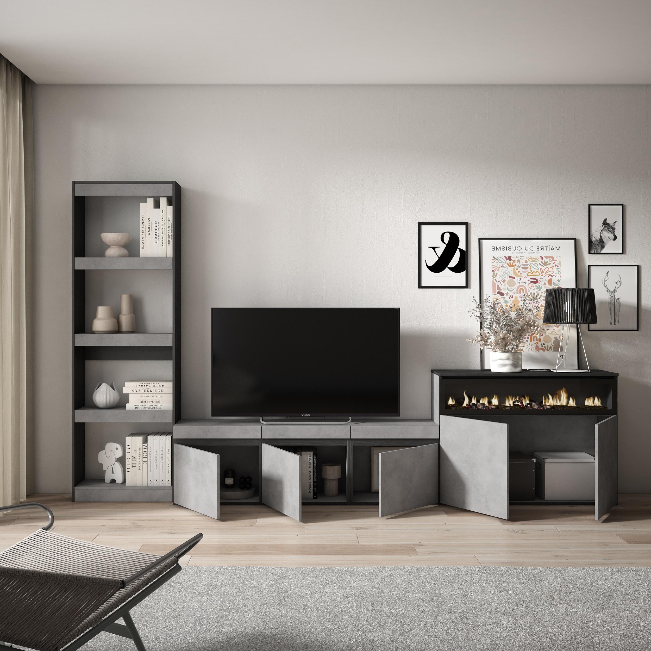 Ensemble Meuble TV - 310x186x35cm - Cheminée électrique - Pour les TV jusqu'à 65" - Ciment