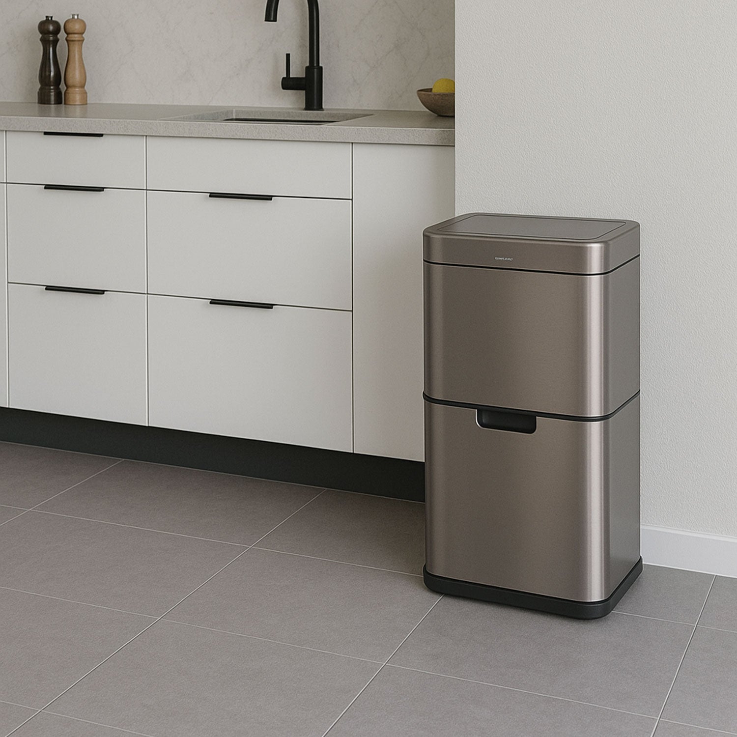 Poubelle de tri sélectif 3 bacs - Détecteur de mouvement - Senzaro 60L - Argent
