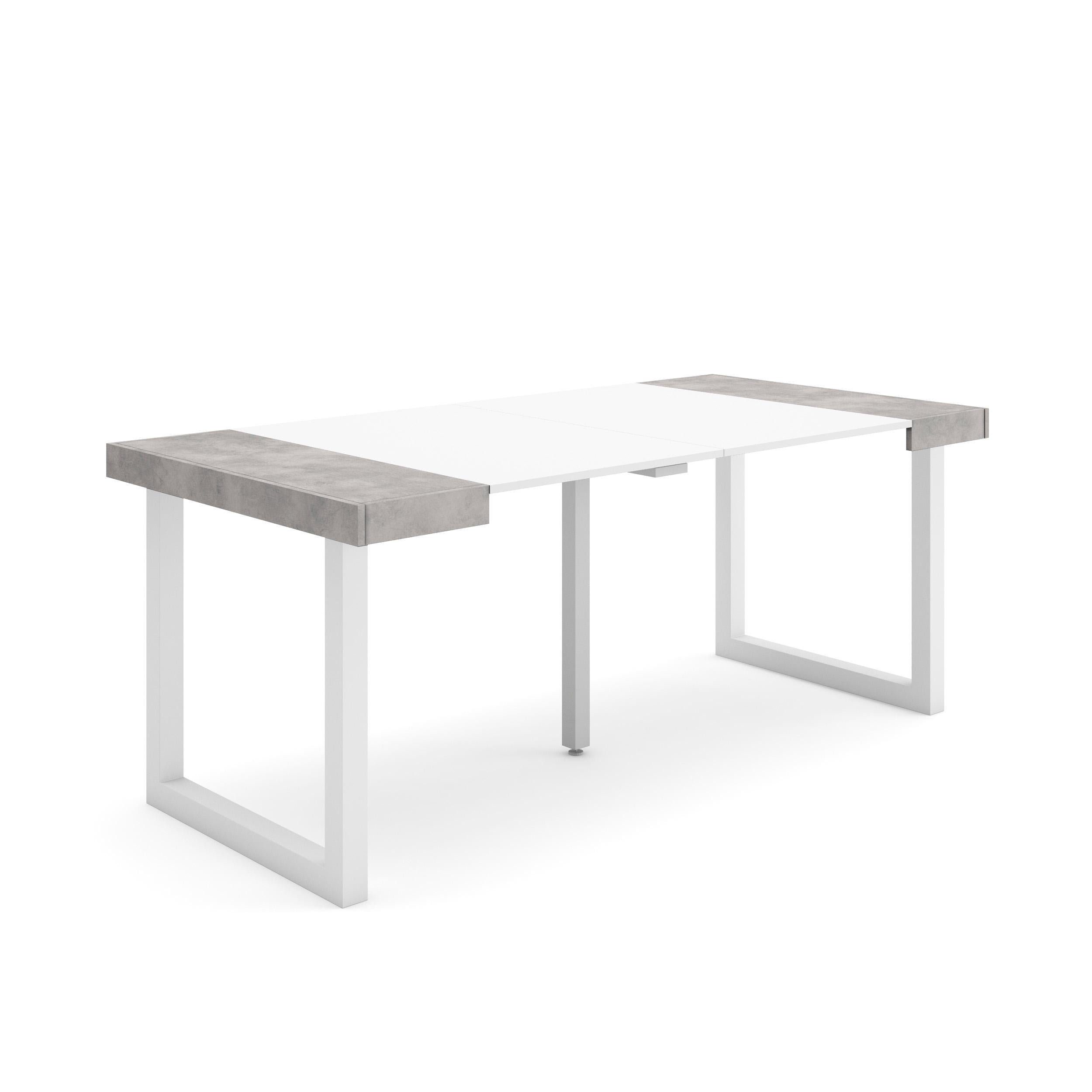 Table console extensible blanche & ciment 180 cm – Jusqu’à 8 personnes – Pieds en bois massif blancs en U