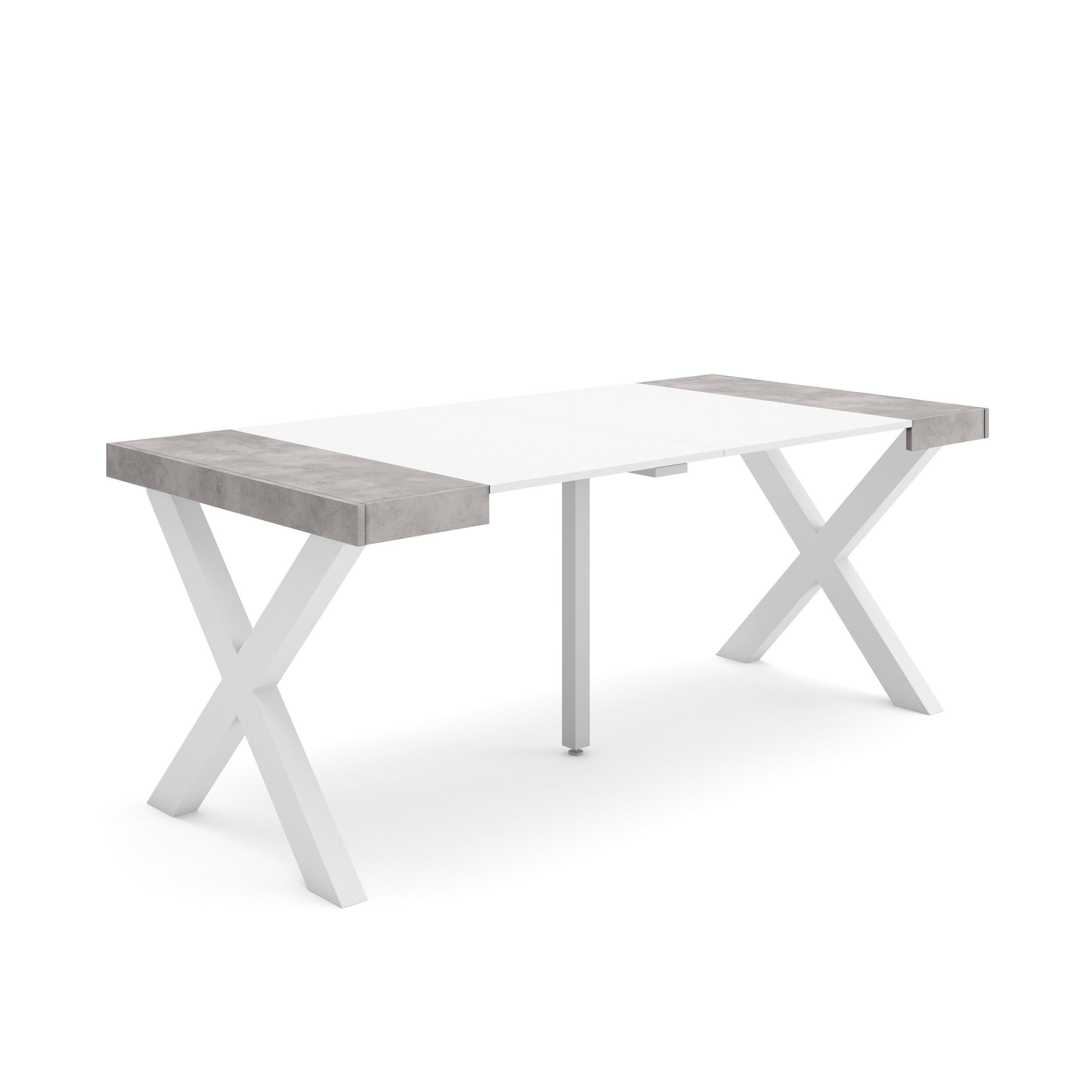 Table console extensible blanche & ciment 180 cm – Jusqu’à 8 personnes – Pieds en bois massif blancs en croix