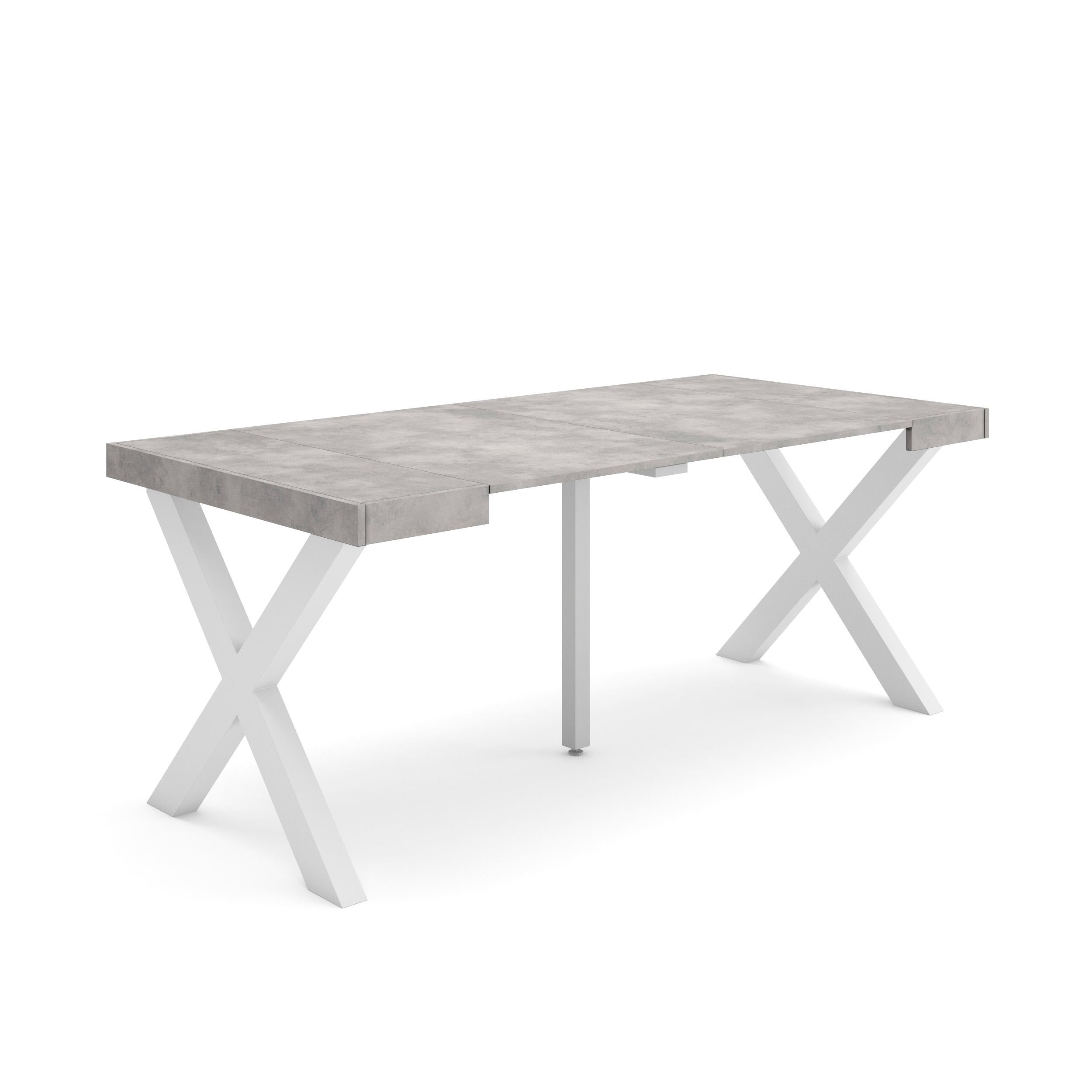 Table console extensible blanche & ciment 180 cm – Jusqu’à 8 personnes – Pieds en bois massif blancs en croix