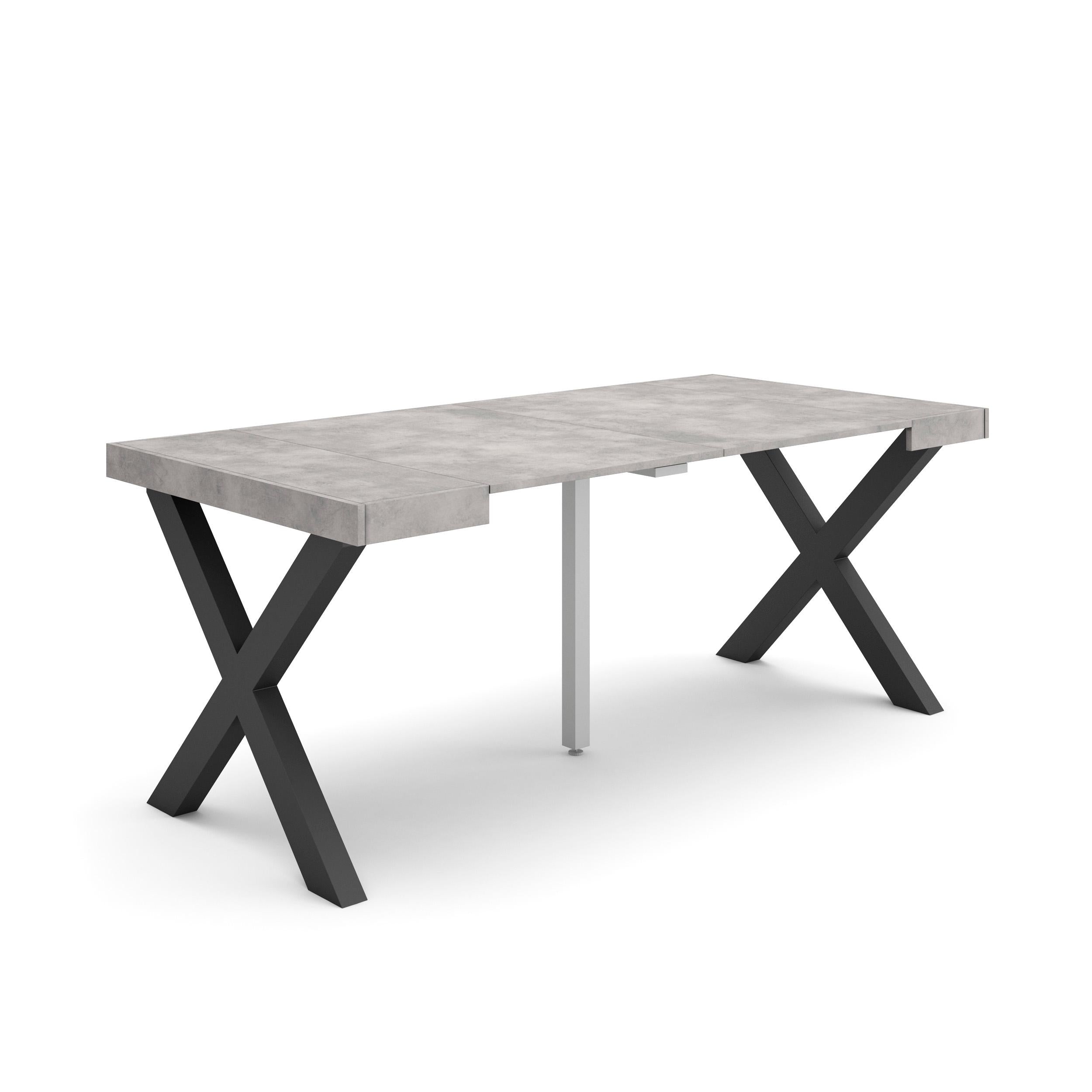 Table console extensible blanche & ciment 180 cm – Jusqu’à 8 personnes – Pieds en bois massif noirs en croix