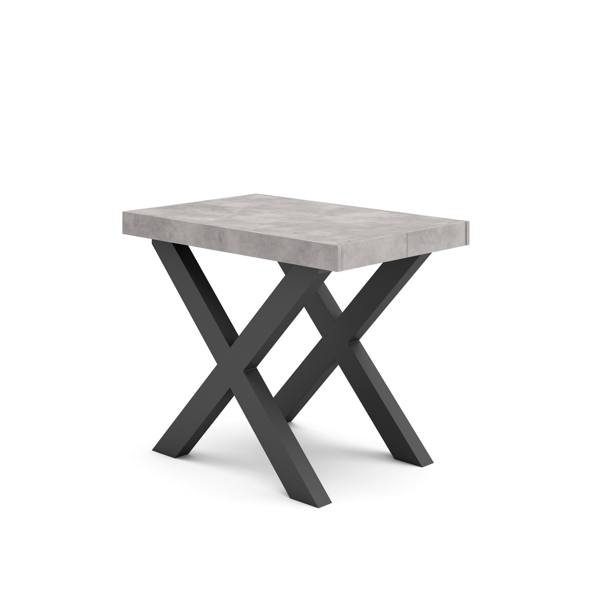 Table console extensible blanche & ciment 180 cm – Jusqu’à 8 personnes – Pieds en bois massif noirs en croix