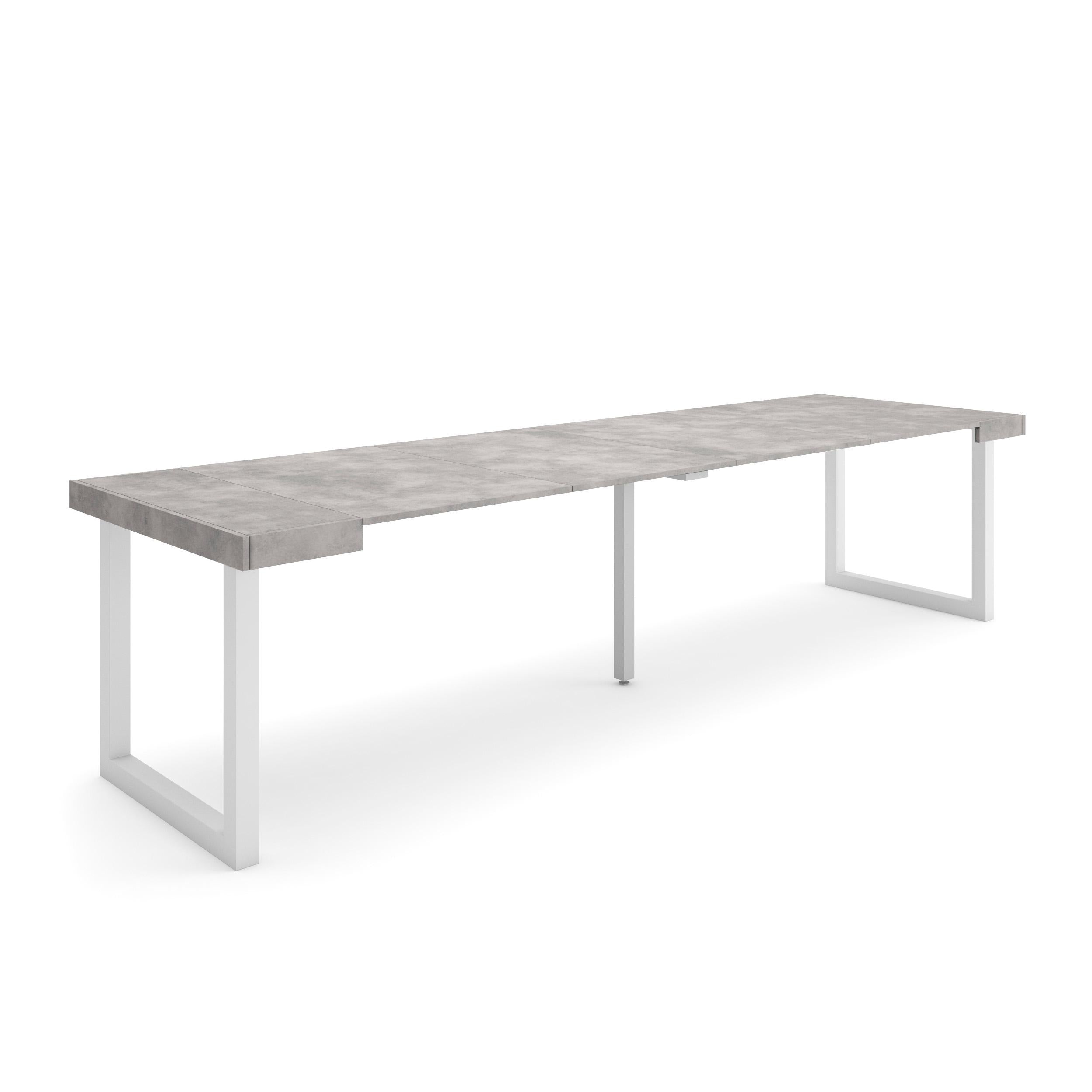 Table console extensible ciment 300 cm – Jusqu’à 14 personnes – Pieds en bois massif blancs en U