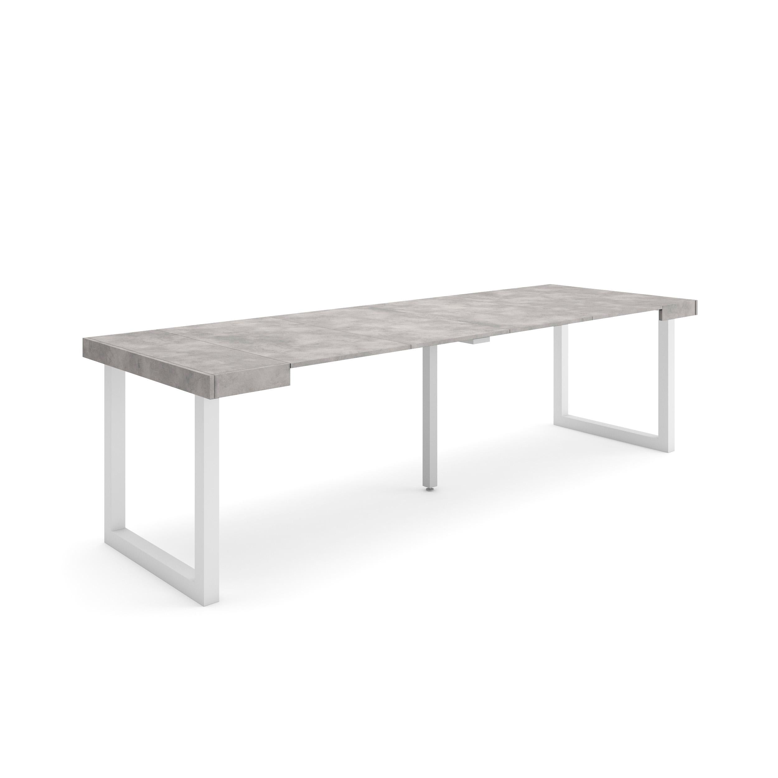 Table console extensible ciment 260 cm – Jusqu’à 12 personnes – Pieds en bois massif blancs en U