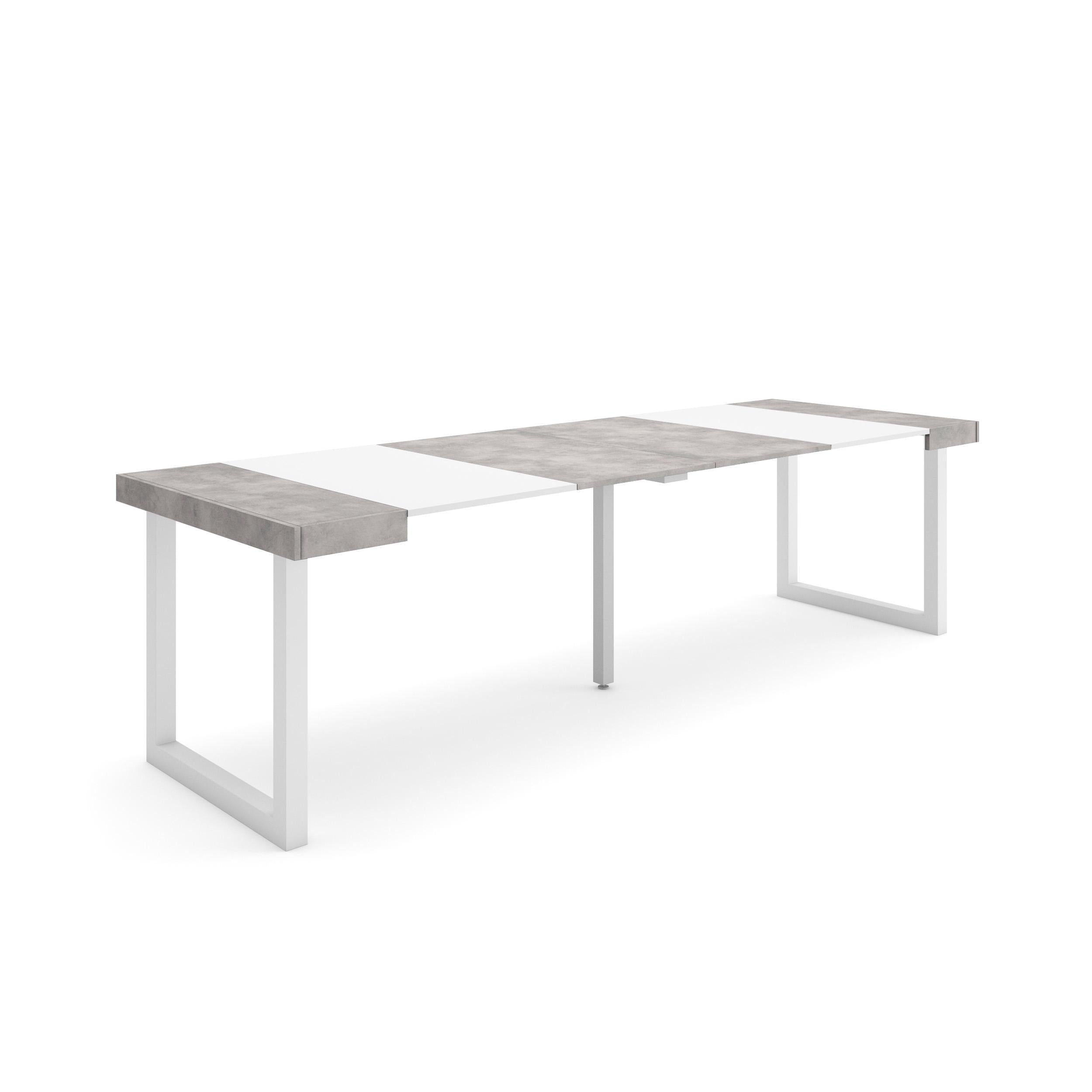 Table console extensible ciment & blanche 260 cm – Jusqu’à 12 personnes – Pieds en bois massif blancs en U
