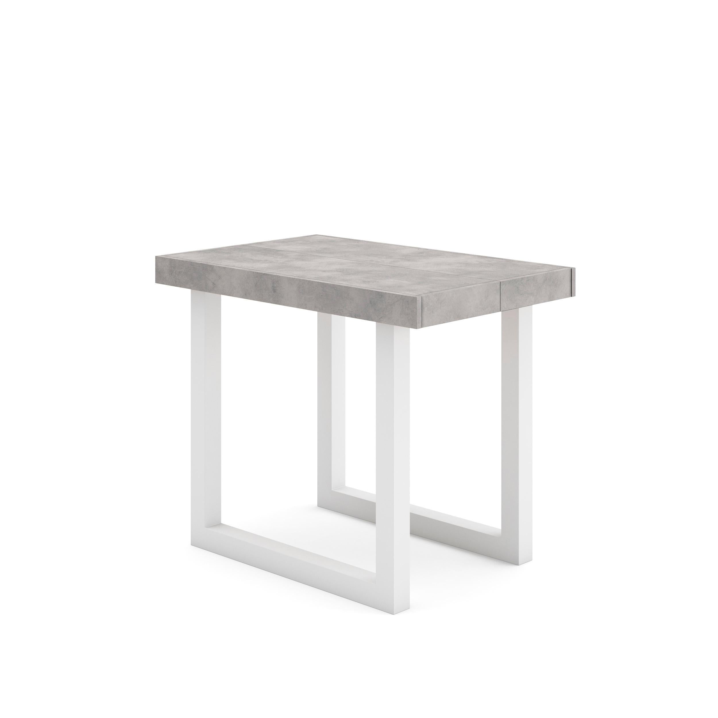 Table console extensible ciment & blanche 260 cm – Jusqu’à 12 personnes – Pieds en bois massif blancs en U